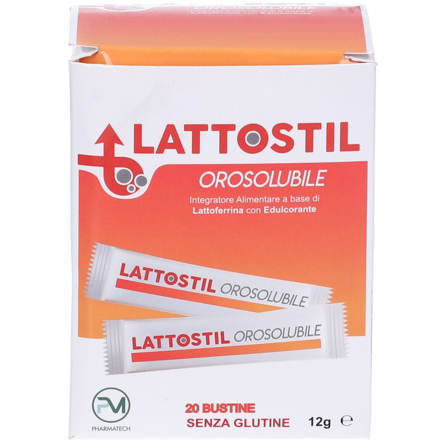 Confezione di Lattostil Orosolubile. Contiene 20 bustine. Scritto: Lattostil Orosolubile, senza glutine, 12g.