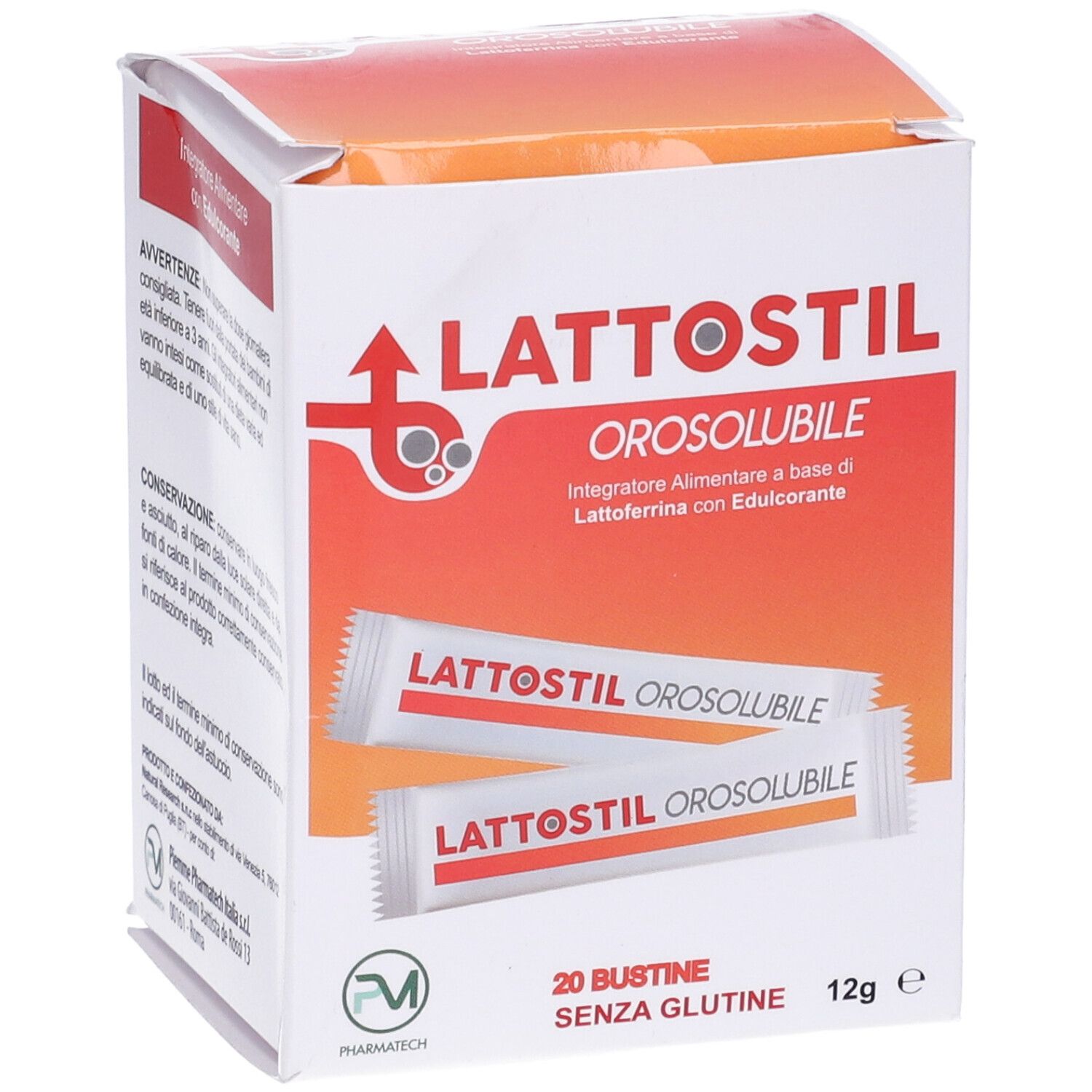 Confezione di Lattostil Orosolubile. Contiene 20 bustine. Scritto: Lattostil Orosolubile, senza glutine, 12g.