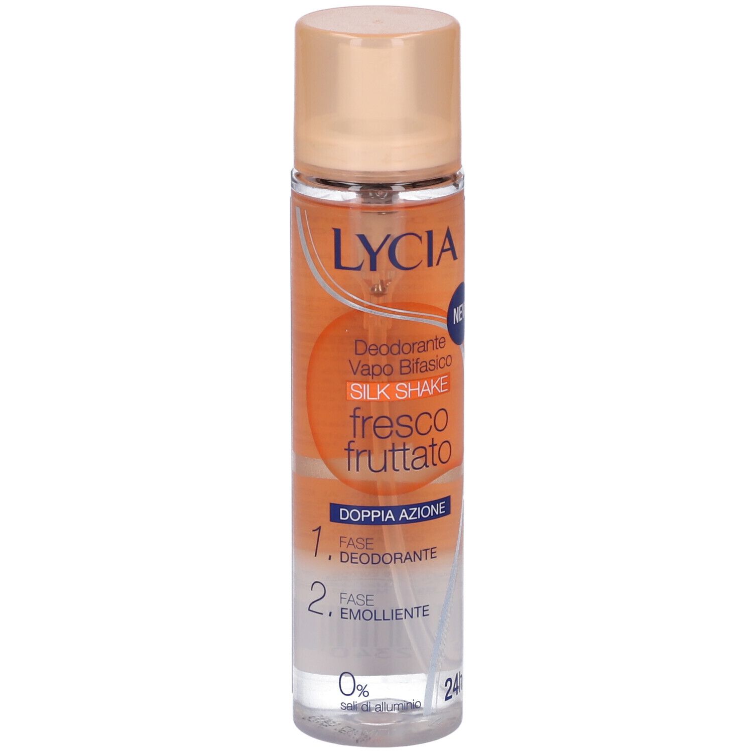 Spray deodorante con erogatore. Liquido arancione. Testo: Lycia, Silk Shake, fresco fruttato. 0% alluminio.