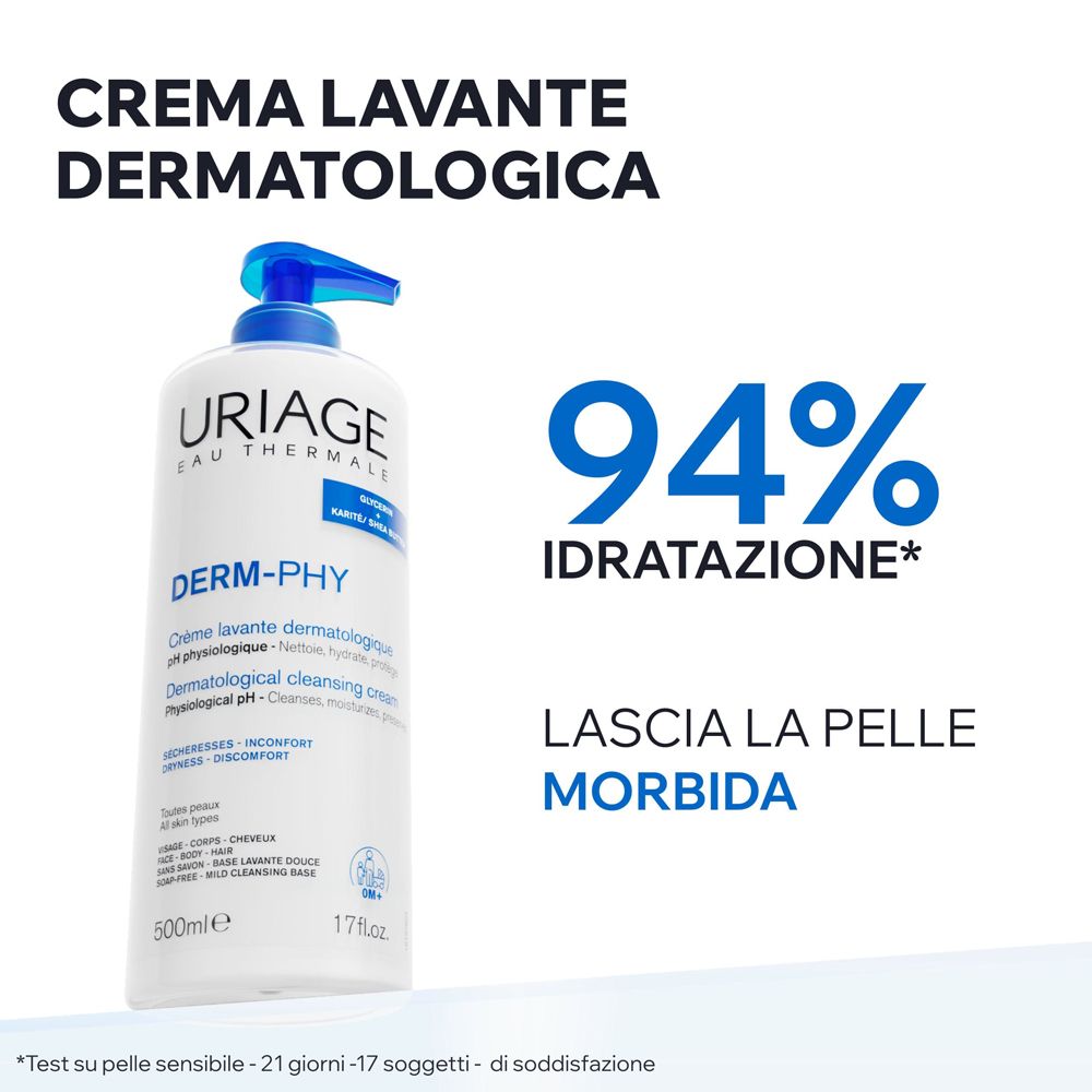 Flacone con pompa di crema lavante dermatologica Uriage Derm-Phy da 500ml.