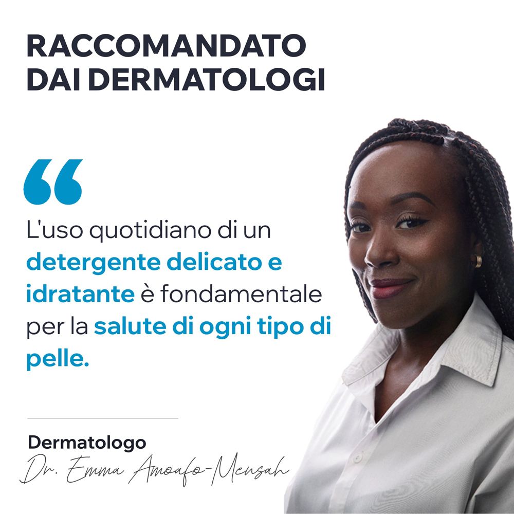 Ritratto di una donna. Testo: Dermatologo Dr. Emma Amoafo-Mensah. Testo in italiano.