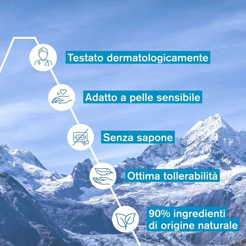 Grafica con testato dermatologicamente, pelle sensibile, senza sapone, ottima tollerabilità, 90% ingredienti naturali.