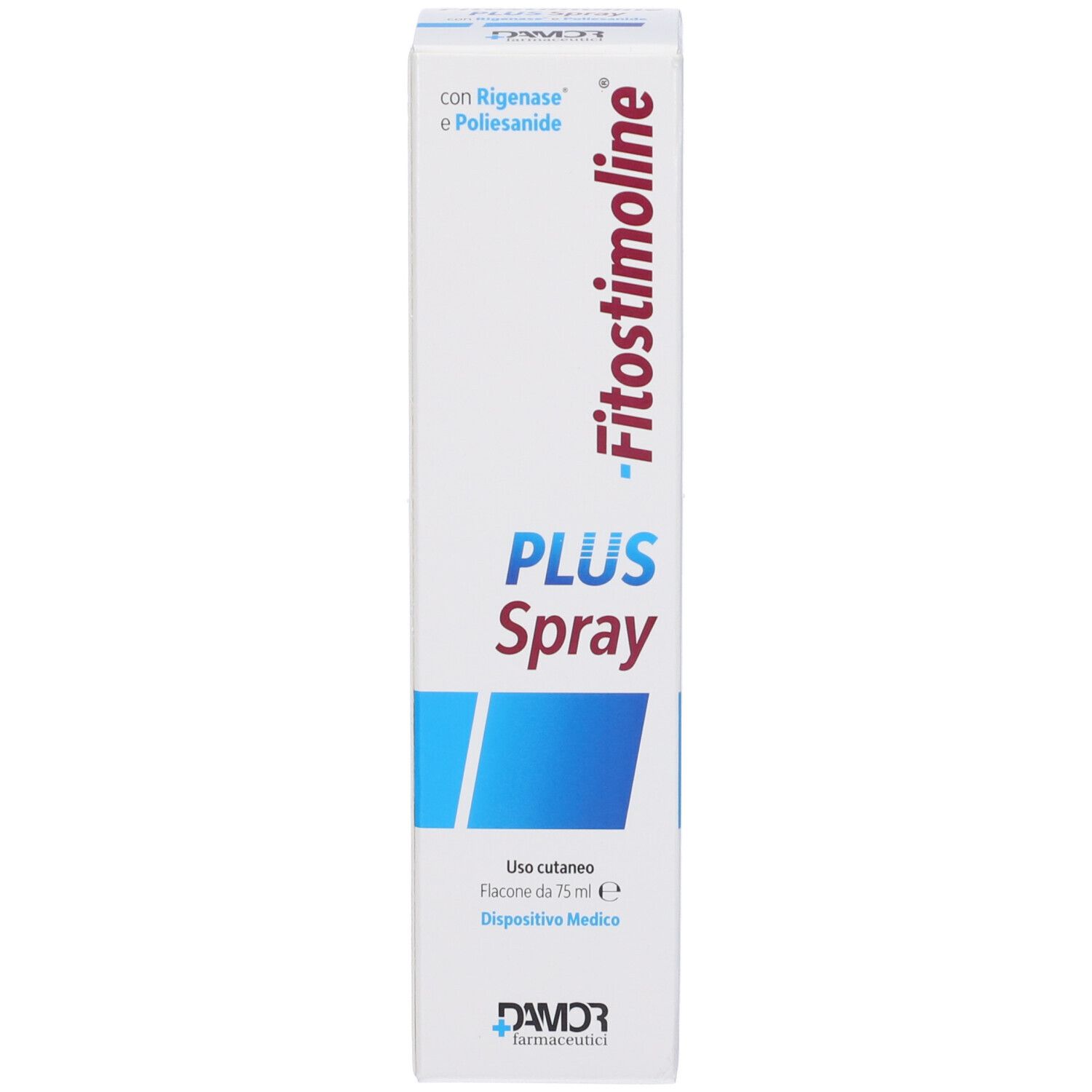 Confezione prodotto: scatola. Scritta: Fitostimoline PLUS Spray. Logo DAMOR.