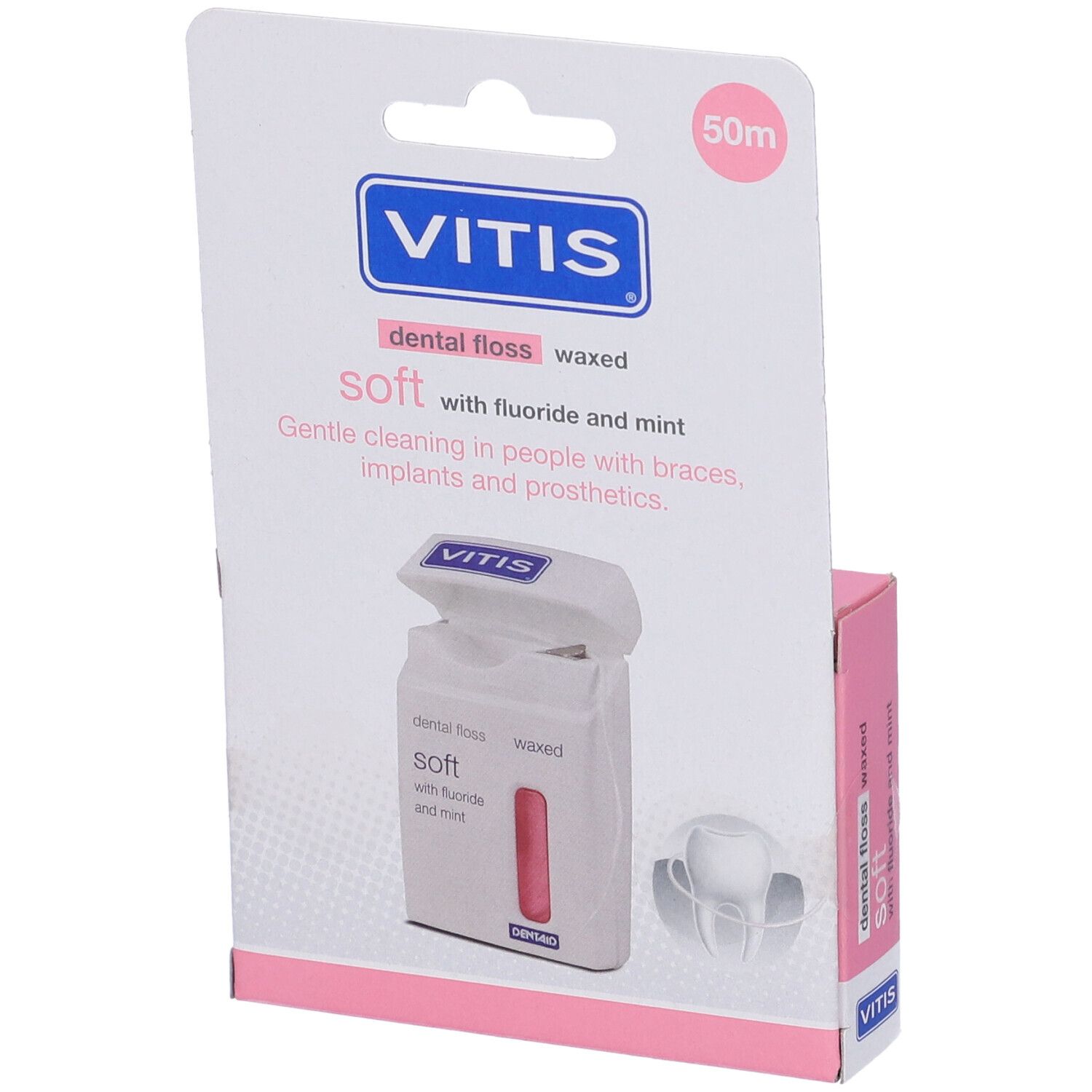 Confezione di filo interdentale. Confezione inclinata. Marchio VITIS. Testo: dental floss waxed soft with fluoride and mint. Immagine del prodotto.