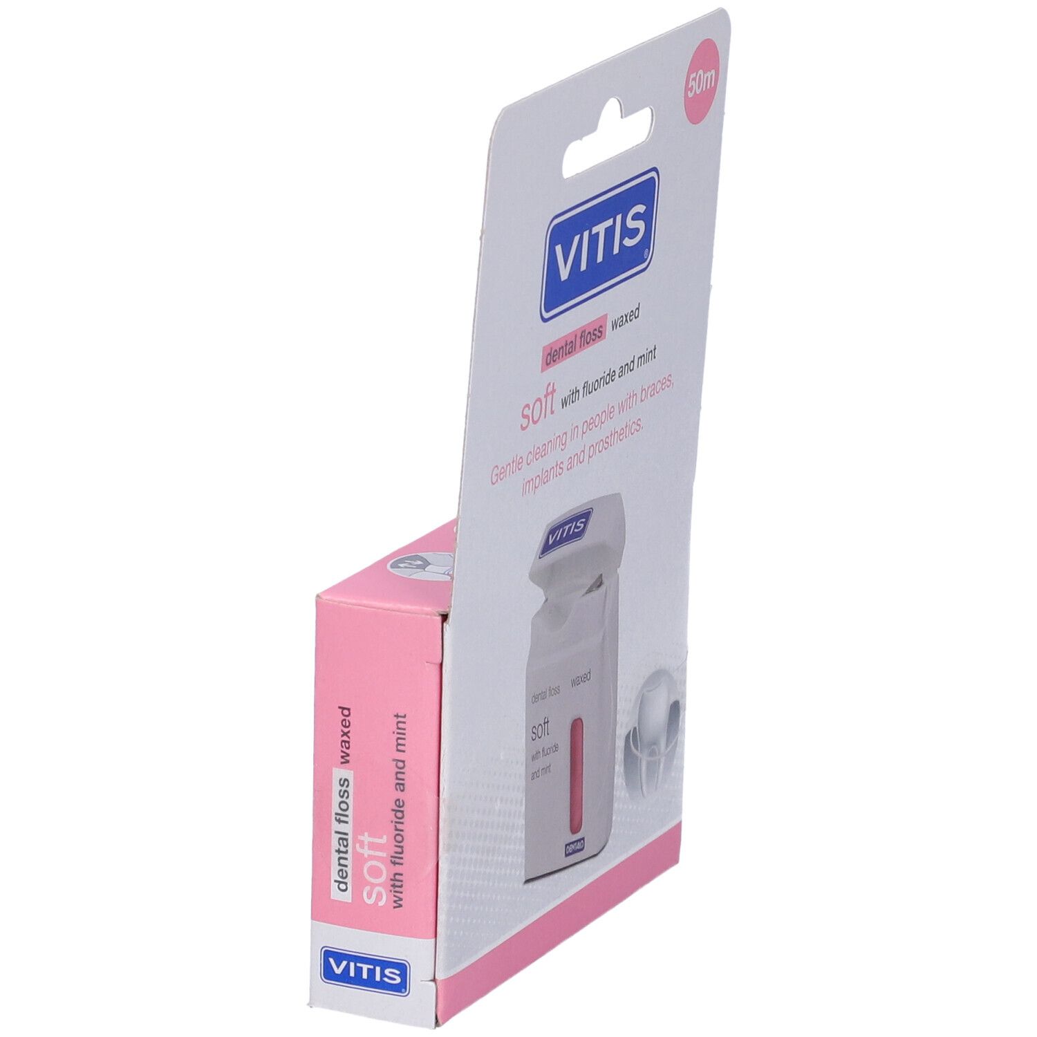 Confezione di filo interdentale. Confezione inclinata. Marchio VITIS. Testo: dental floss waxed soft with fluoride and mint. Immagine del prodotto.