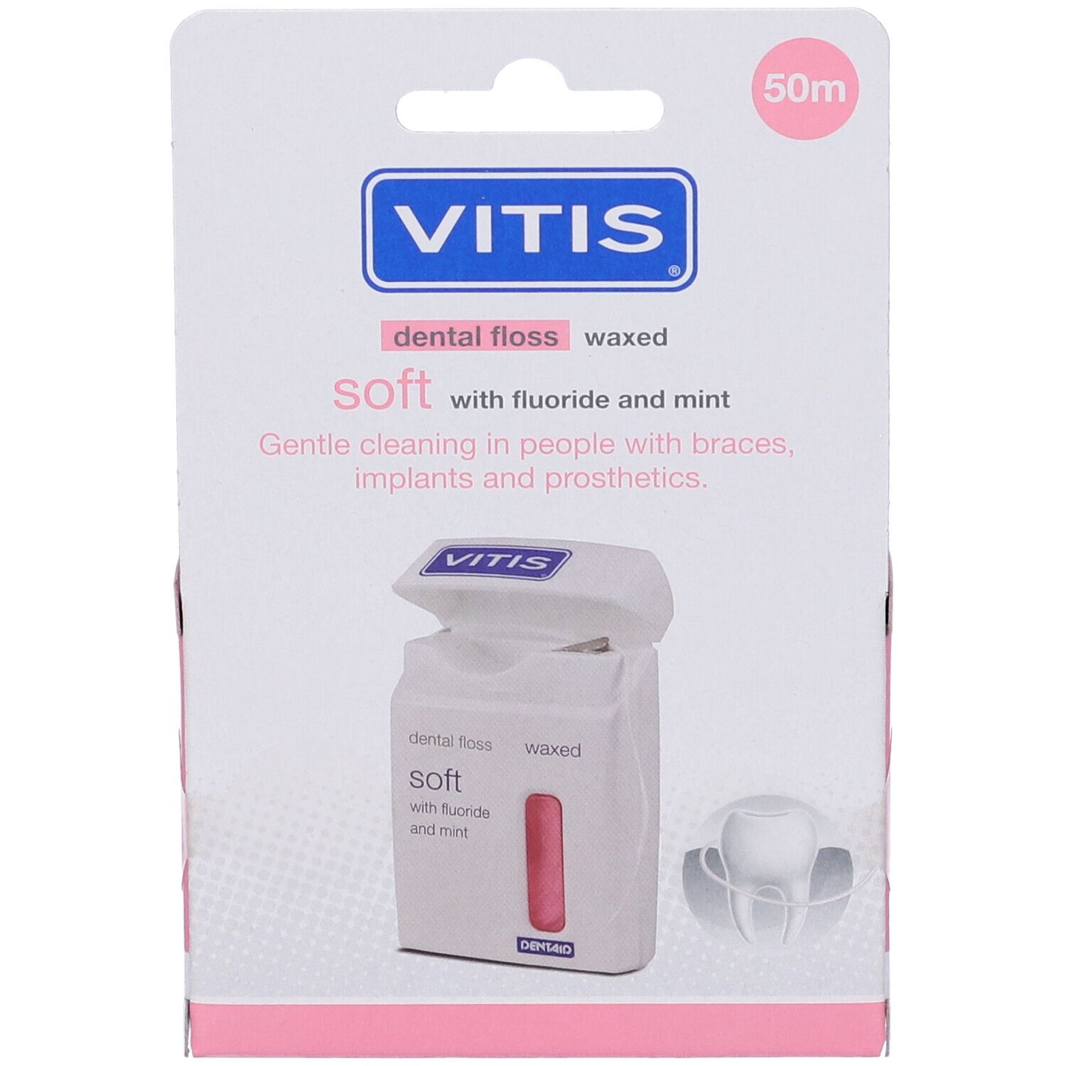 Confezione di filo interdentale. Confezione con immagine del prodotto. Marchio VITIS. Testo: dental floss waxed soft with fluoride and mint. 50m.
