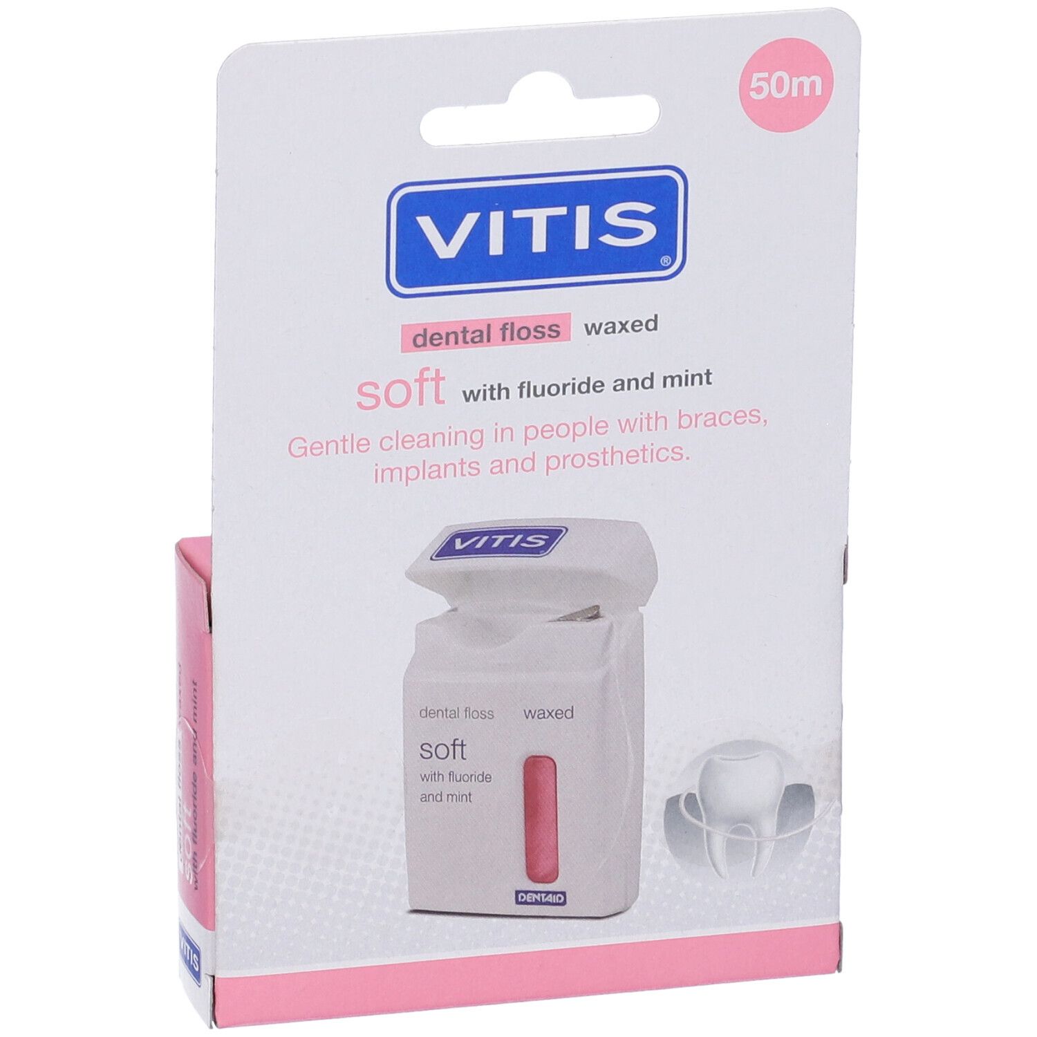 Confezione di filo interdentale. Confezione con immagine del prodotto. Marchio VITIS. Testo: dental floss waxed soft with fluoride and mint. 50m.