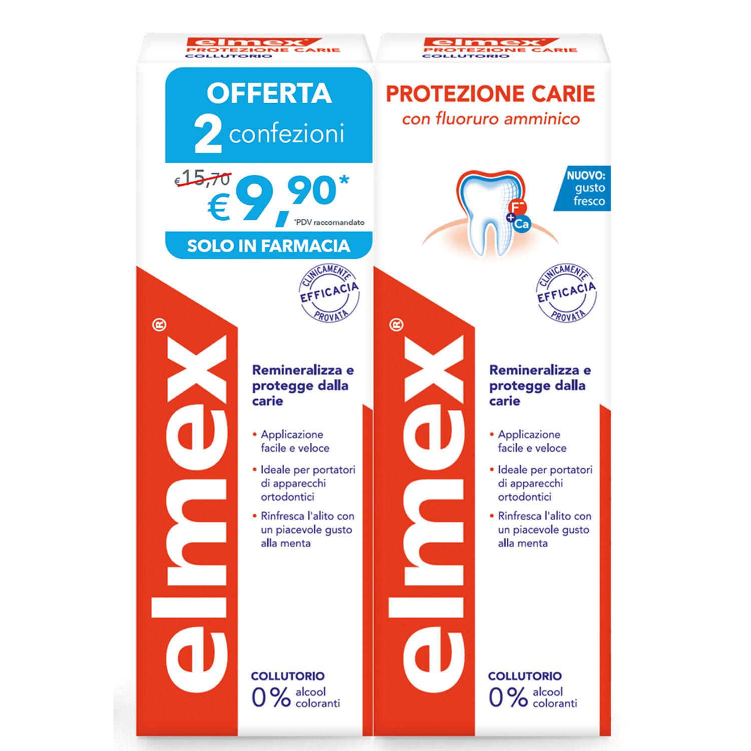 Due confezioni di collutorio elmex® Protezione Carie. Confezione bianca con scritte rosse e blu. Contiene fluoro.