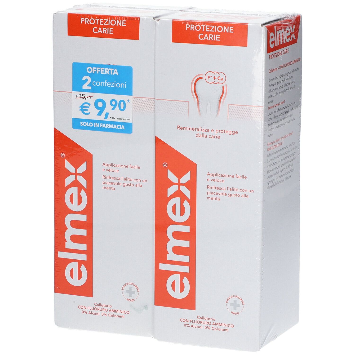 Due confezioni di collutorio elmex® Protezione Carie. Confezione bianca con scritte rosse. Contiene fluoro.