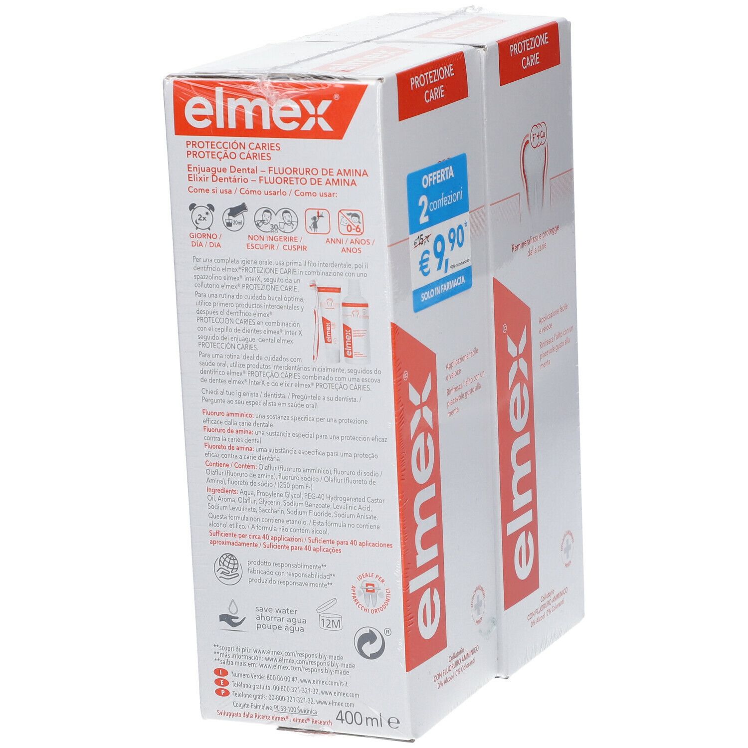 Due confezioni di collutorio elmex® Protezione Carie. Confezione bianca con scritte rosse. Contiene fluoro.