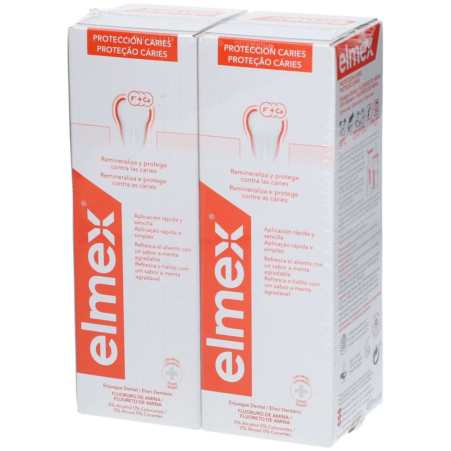 Due confezioni di collutorio elmex® Protezione Carie. Confezione bianca con scritte rosse. Contiene fluoro.