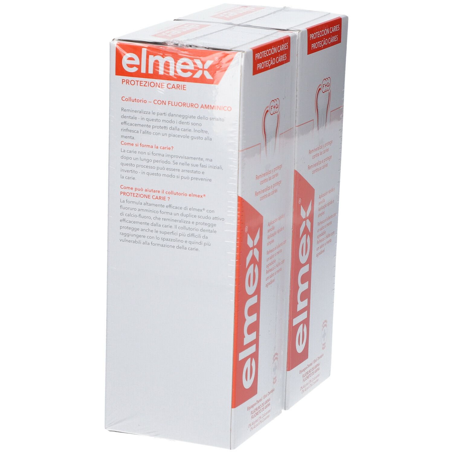 Due confezioni di collutorio elmex® Protezione Carie. Confezione bianca con scritte rosse. Contiene fluoro.