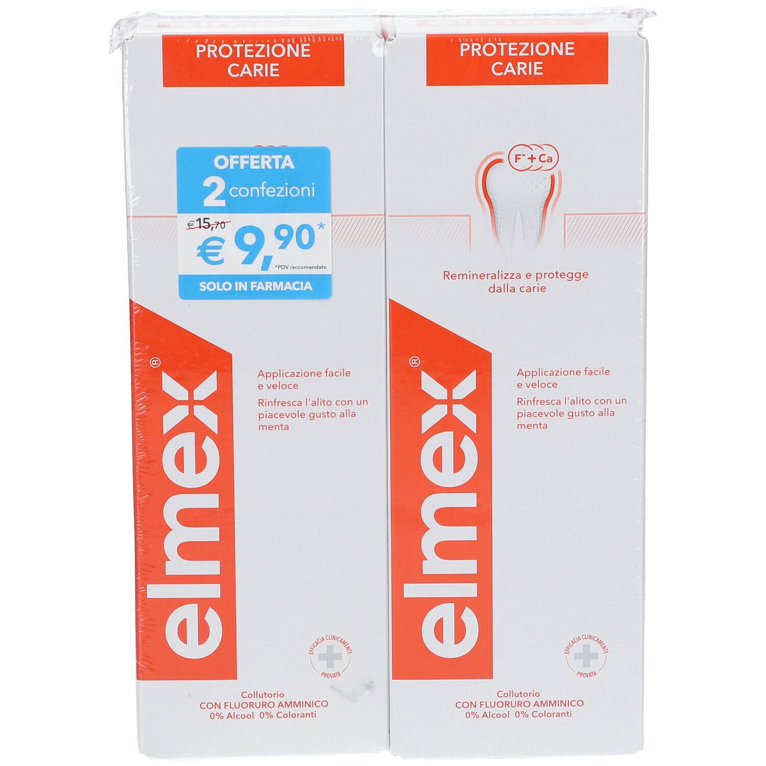Due confezioni di collutorio elmex® Protezione Carie. Confezione bianca con scritte rosse e blu. Contiene fluoro.