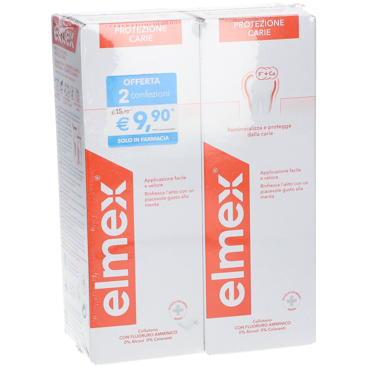 Due confezioni di collutorio elmex® Protezione Carie. Confezione bianca con scritte rosse. Contiene fluoro.