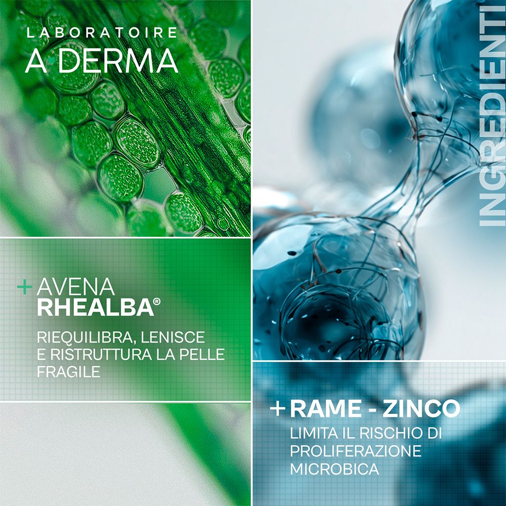 Laboratoire A-Derma: Avena Rhealba riequilibra, lenisce e ristruttura la pelle fragile. Rame e zinco limitano il rischio microbico.