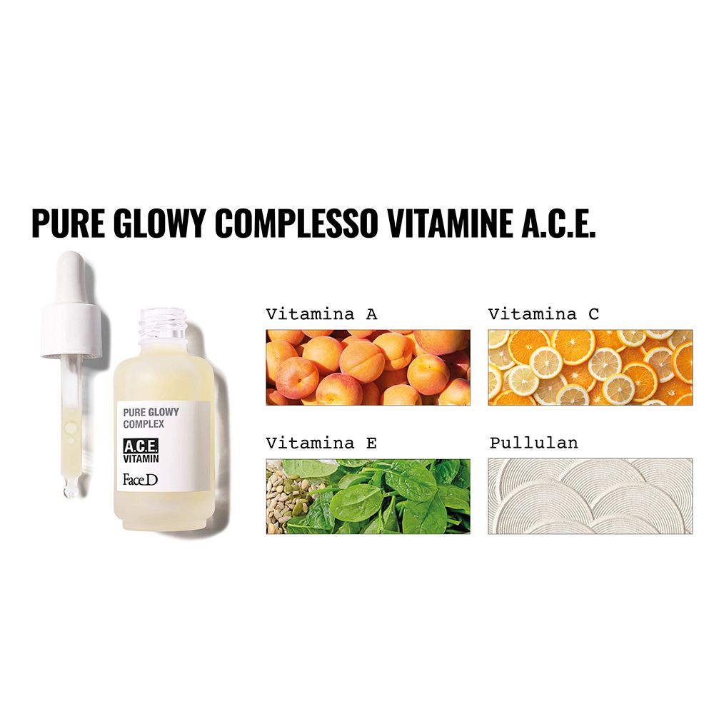 Flacone con pipetta e ingredienti. Scritta: Pure Glowy Complex, A.C.E. Vitamin, Face D. Ingredienti illustrati.