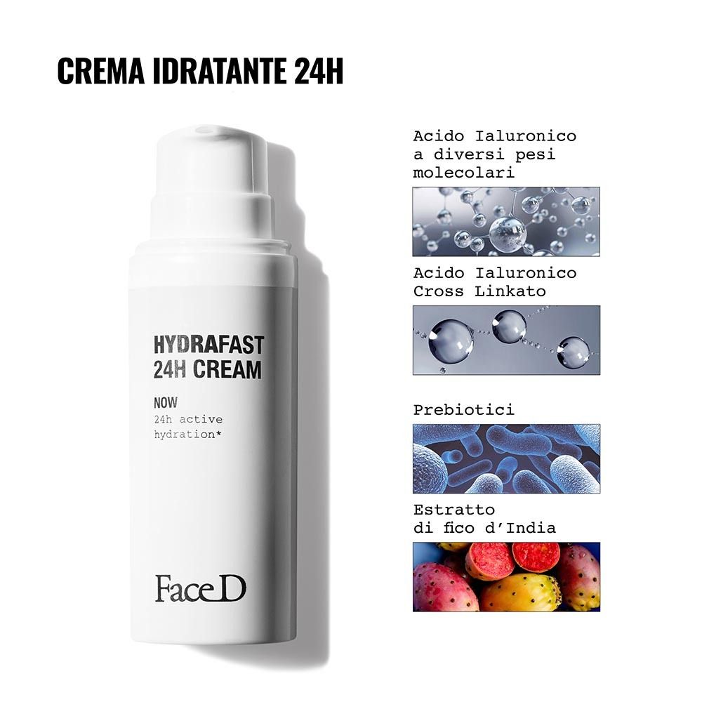 Tubo di crema bianco. Scritta: HYDRAFAST 24H CREAM, Face D. Illustrazione degli ingredienti.