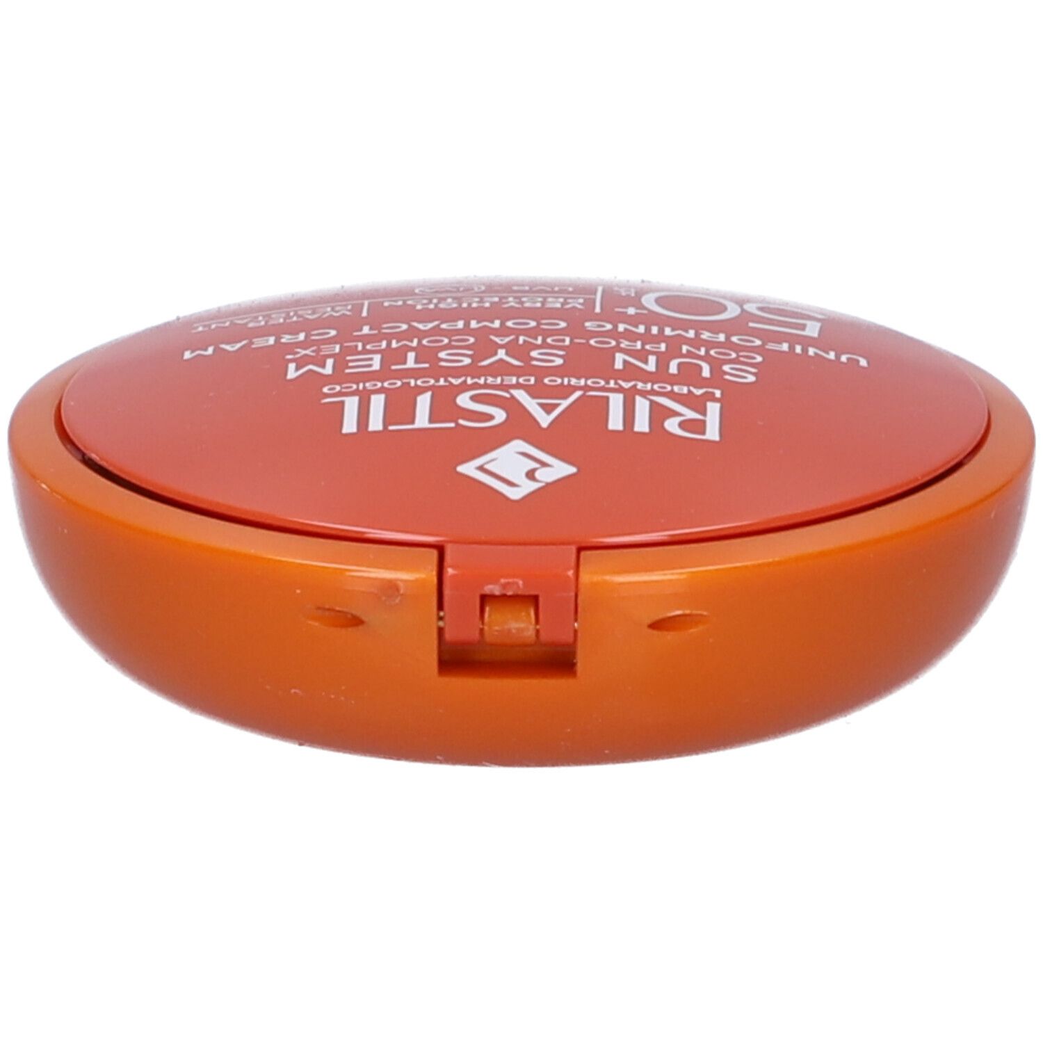 Crema compatta SPF 50+ in astuccio arancione, vista laterale.