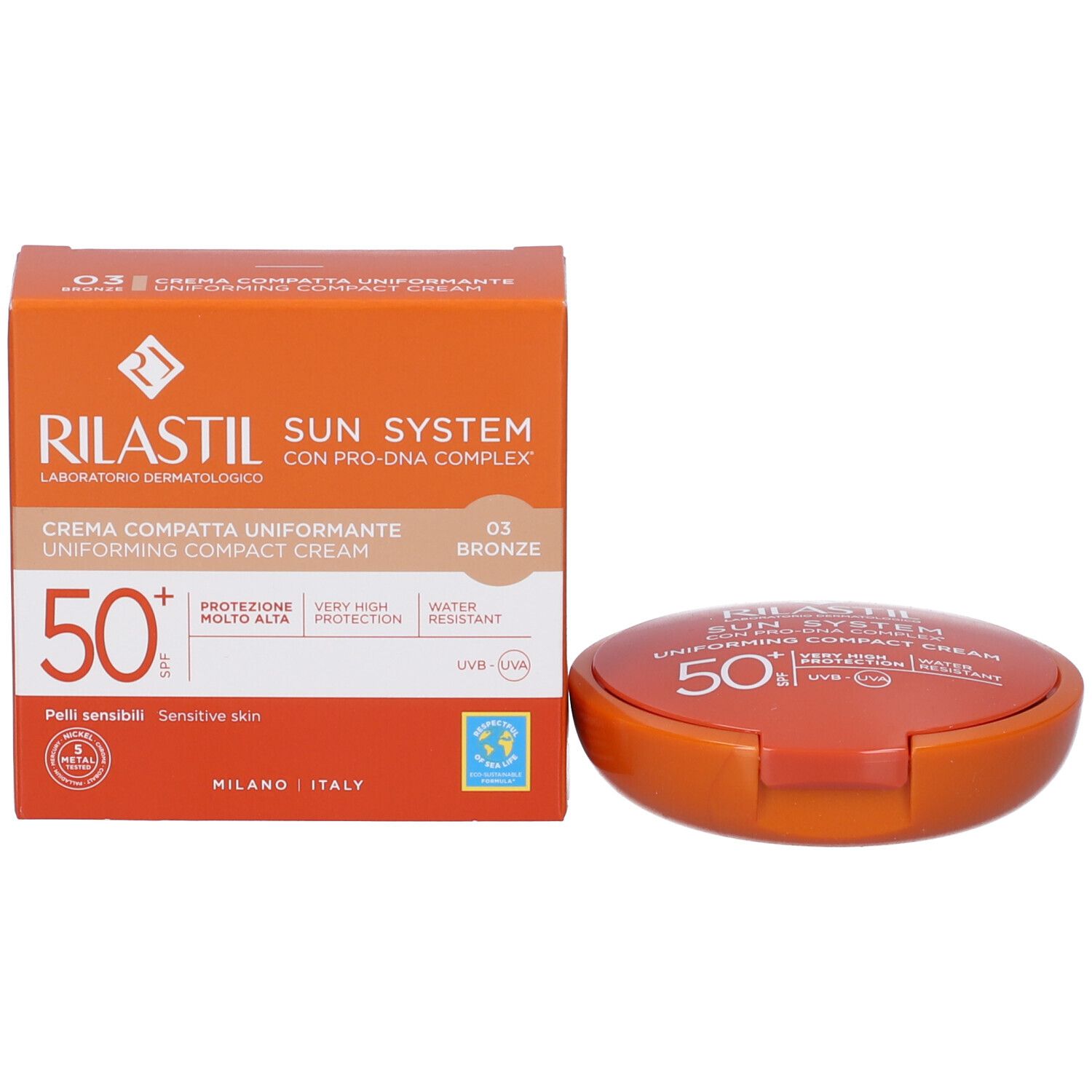 Confezione e astuccio della crema compatta Rilastil Sun System SPF 50+ Bronze.