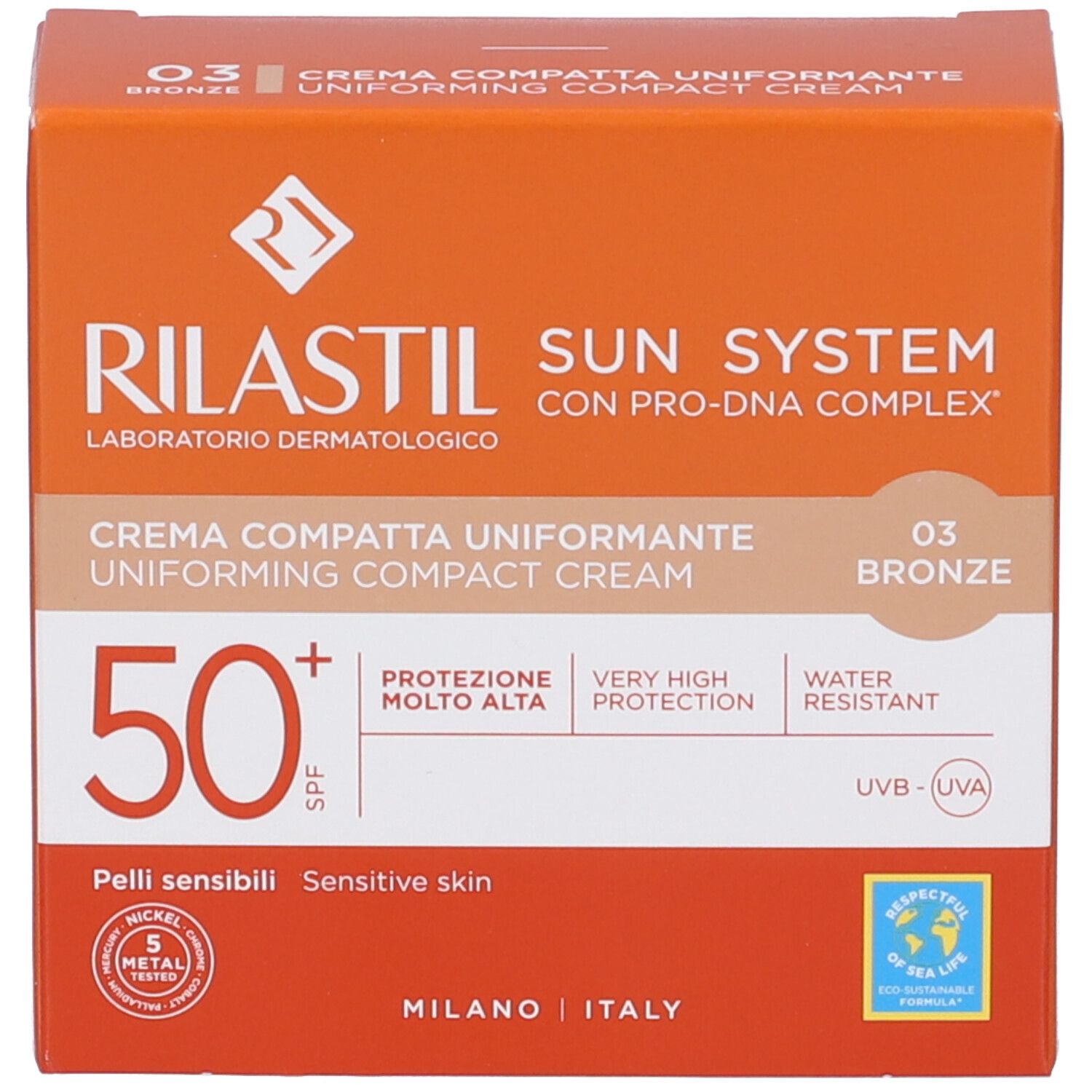 Confezione della crema compatta Rilastil Sun System SPF 50+ Bronze, tonalità 03.