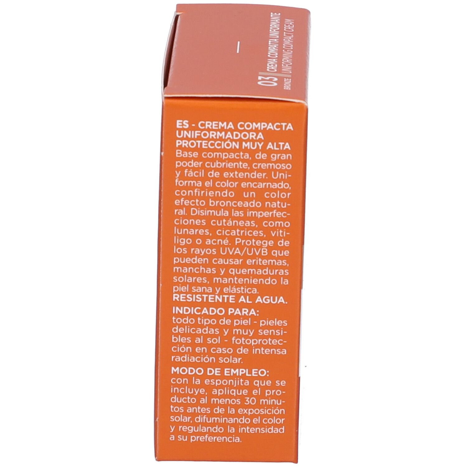 Vista laterale della confezione della crema compatta Rilastil Sun System SPF 50+.