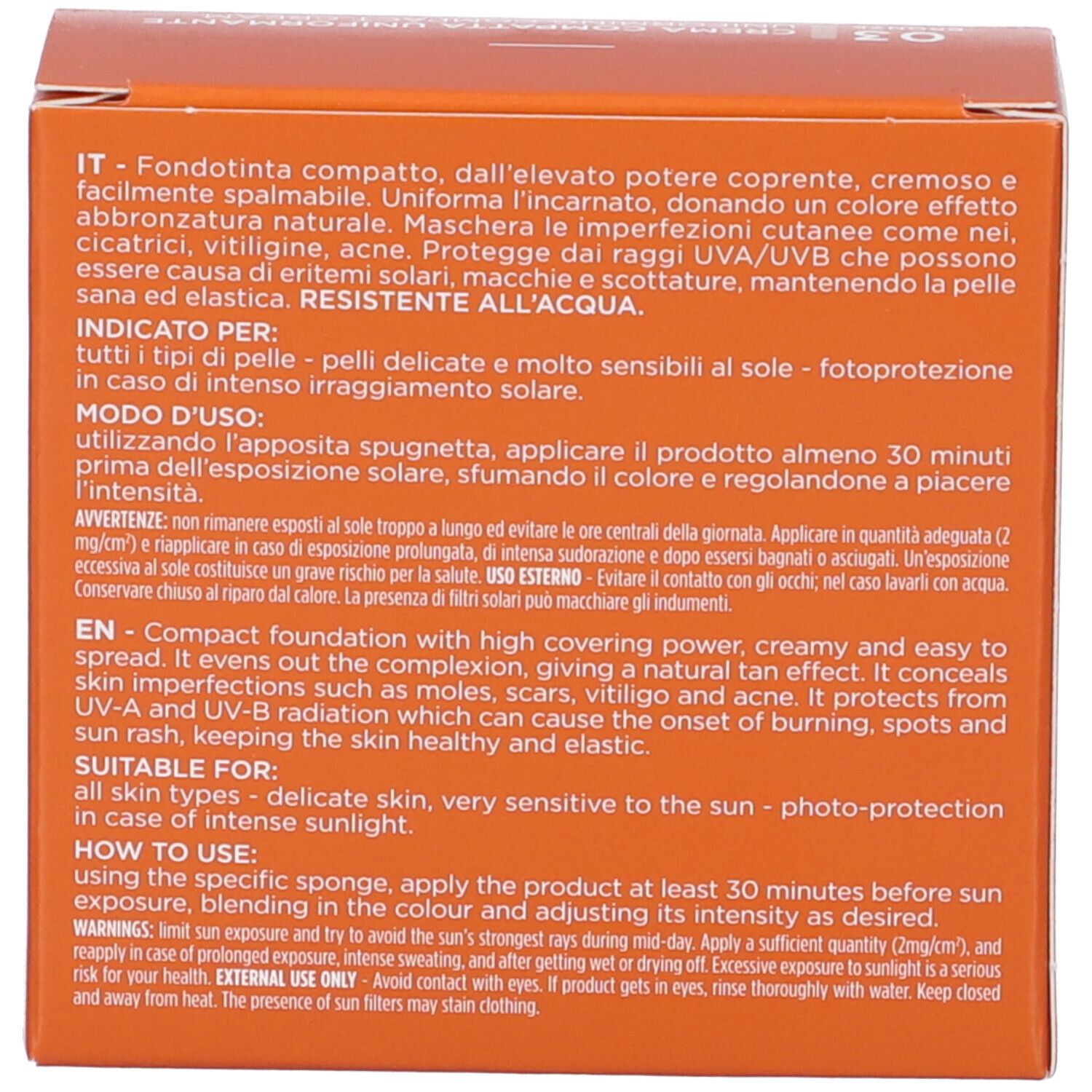 Vista laterale della confezione della crema compatta Rilastil Sun System SPF 50+.