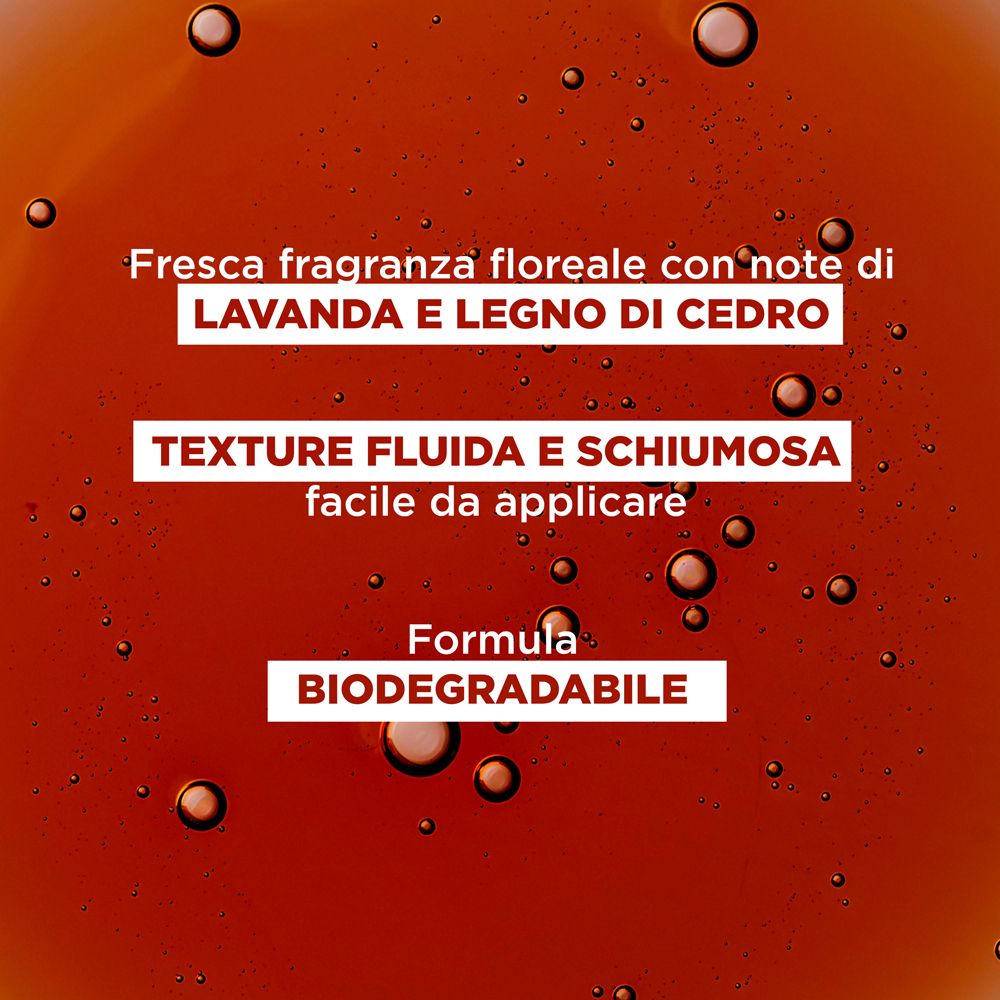 Sfondo rosso con bolle. Testo: Texture fluida e schiumosa facile da applicare. Formula biodegradabile.