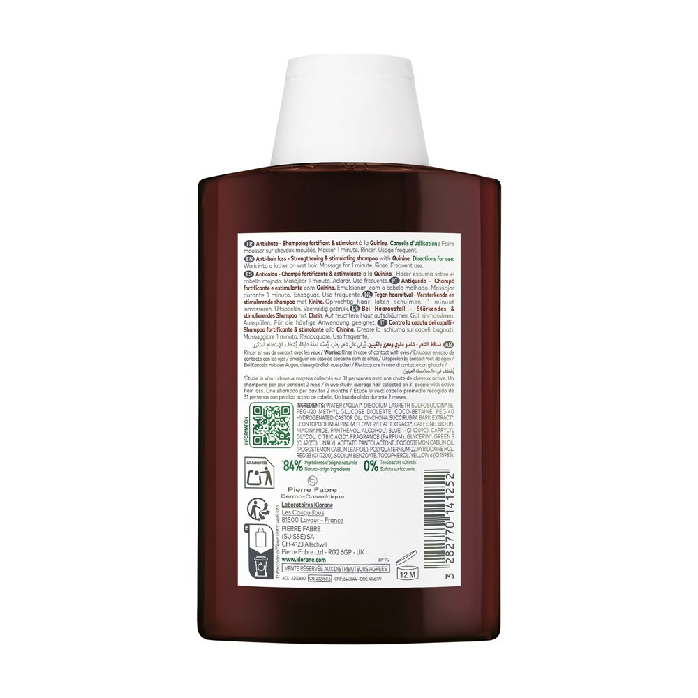 Retro di un flacone di shampoo. Testo e codice QR. Ingredienti.