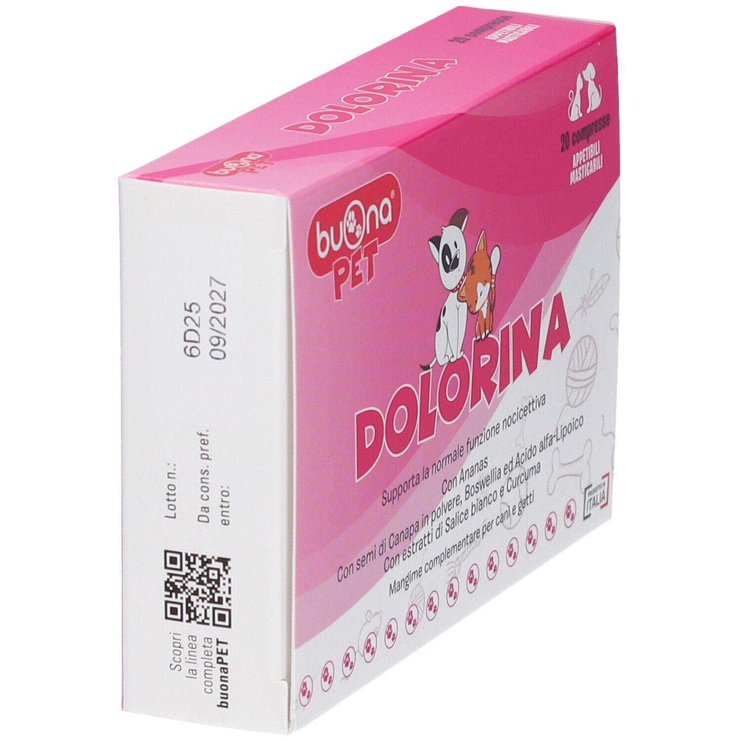 Retro della confezione Dolorina con numero di lotto e data di scadenza.