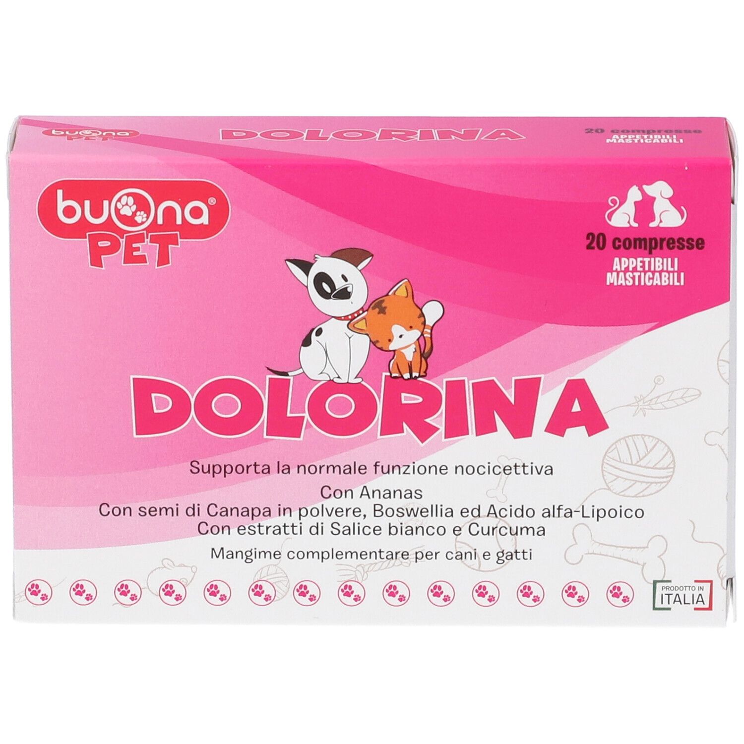 Fronte della confezione Dolorina con illustrazioni di cani e gatti.