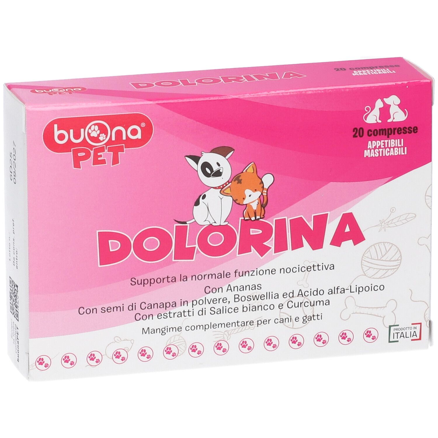 Confezione di Dolorina 20 compresse masticabili per cani e gatti, con dicitura italiana.
