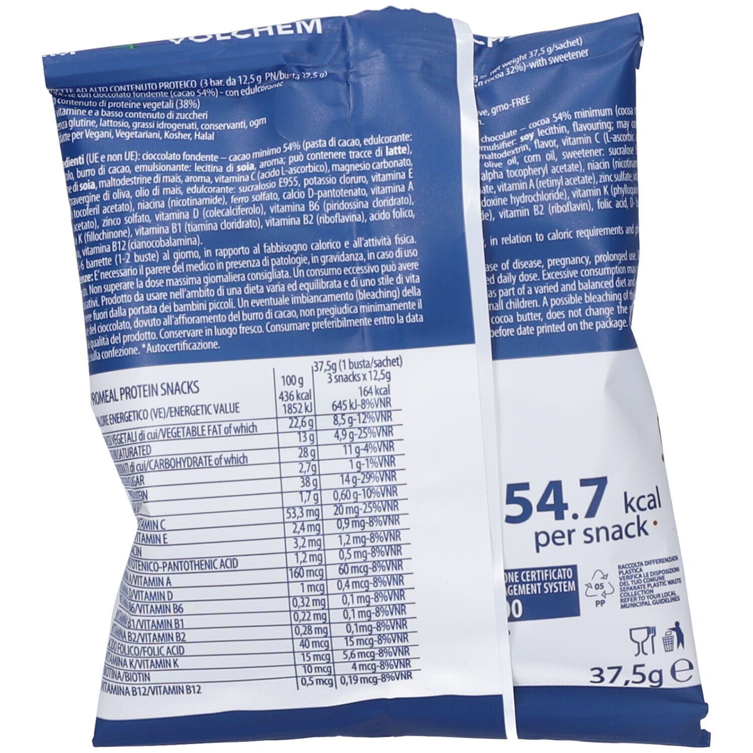 Retro della confezione di snack proteici. Testo: Promeal Protein Snacks, informazioni nutrizionali, 54,7 kcal per snack, 37,5g.