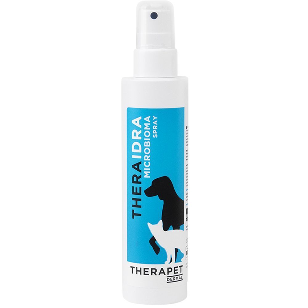 Flacone spray bianco con etichetta blu. Scritta: Theraidra Microbioma Spray, Therapet Dermal. Illustrazione: cane e gatto.