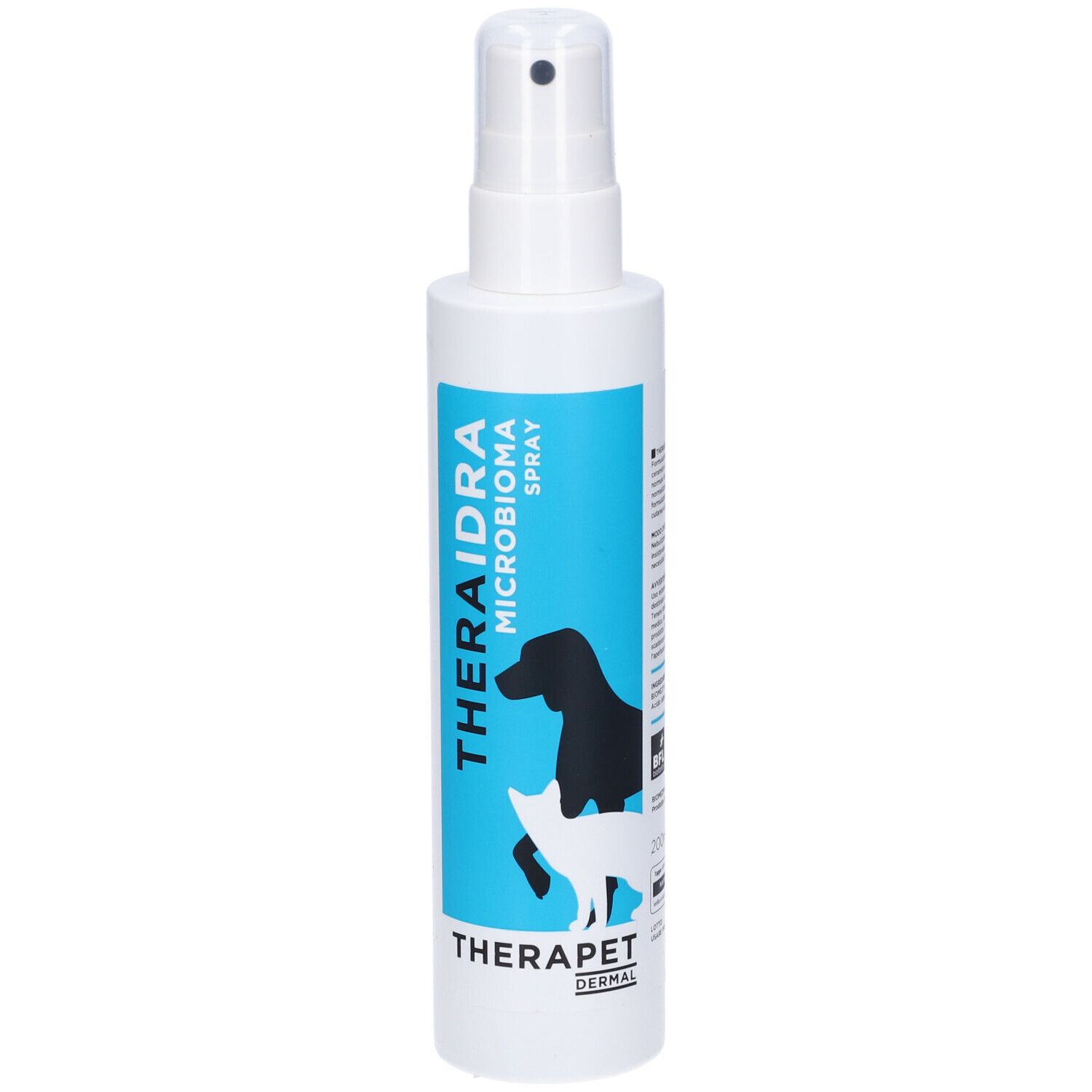 Flacone spray bianco con etichetta blu. Scritta: Theraidra Microbioma Spray, Therapet Dermal. Illustrazione: cane e gatto.