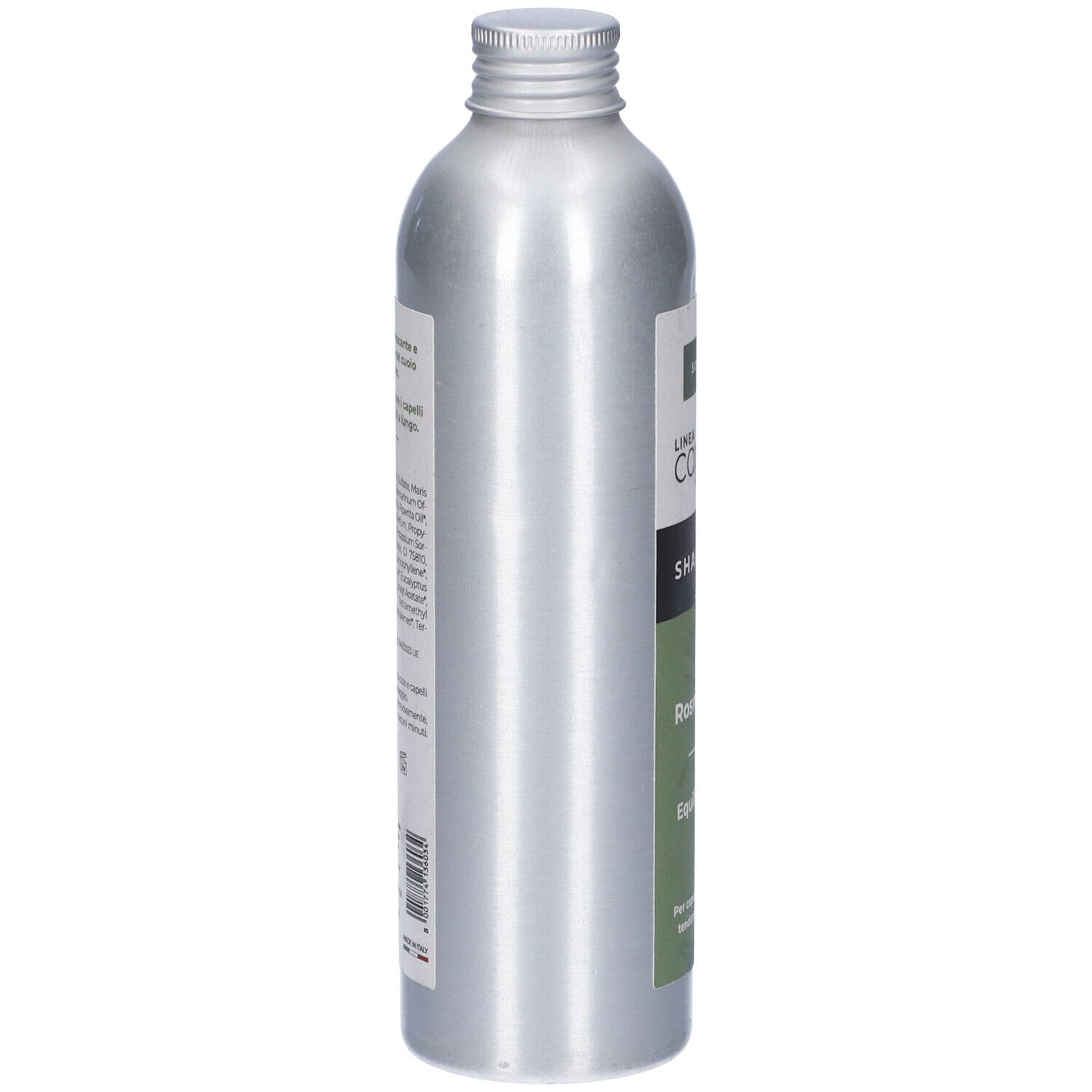Flacone argentato con etichetta. Scritta: Linea Capelli Shampoo. Testo sul retro. Tappo metallico.