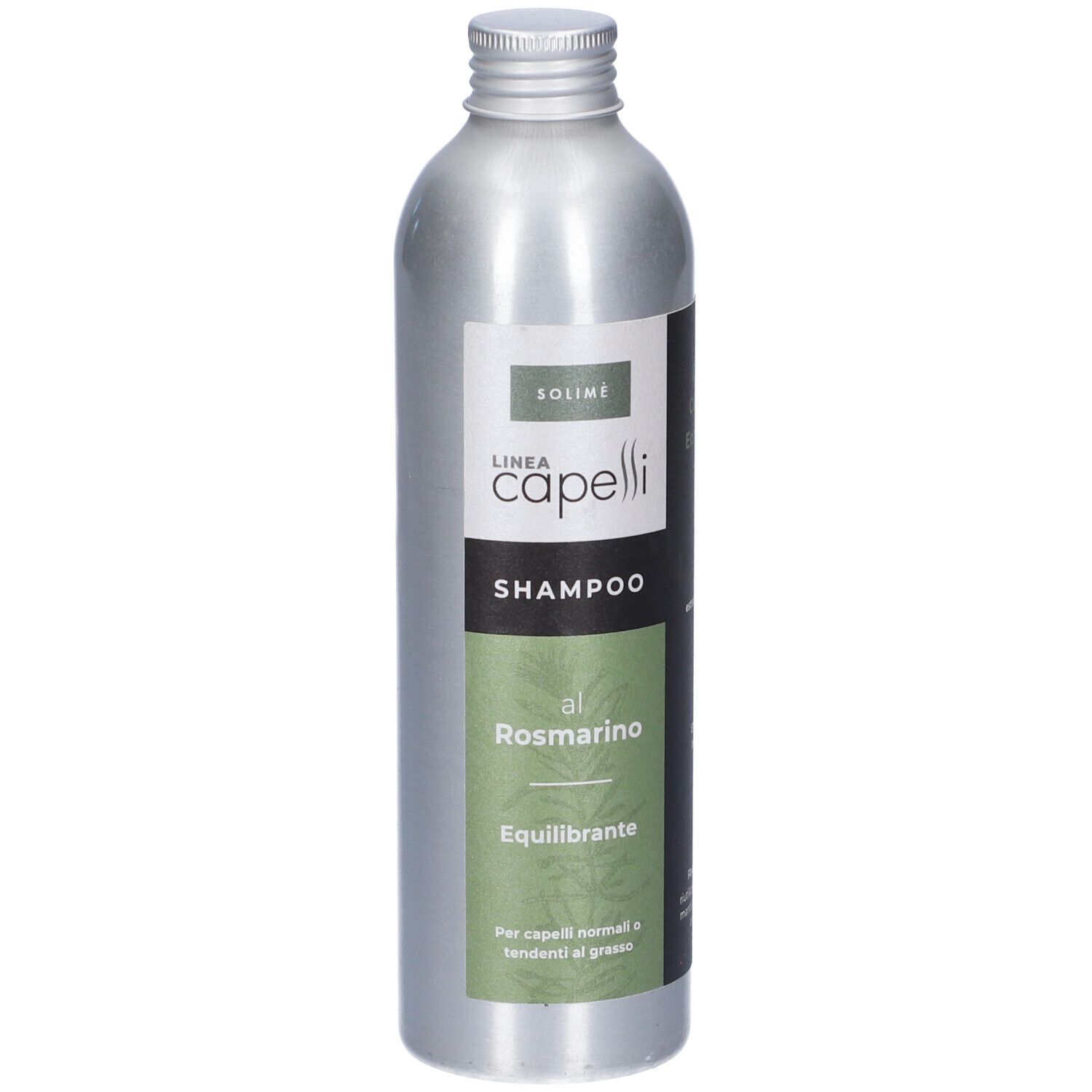 Flacone argentato con etichetta. Scritta: Linea Capelli Shampoo al Rosmarino. Etichetta verde e nera. Tappo metallico.