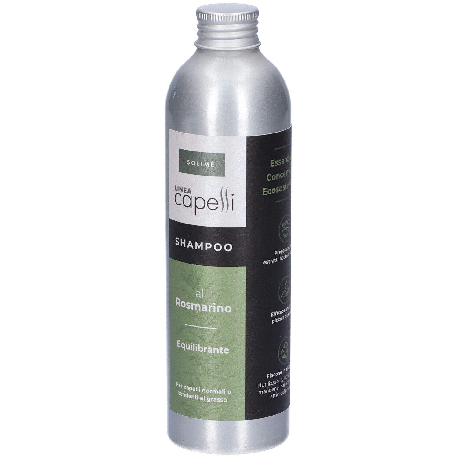 Flacone argentato con etichetta. Scritta: Linea Capelli Shampoo al Rosmarino. Etichetta verde e nera. Tappo metallico.