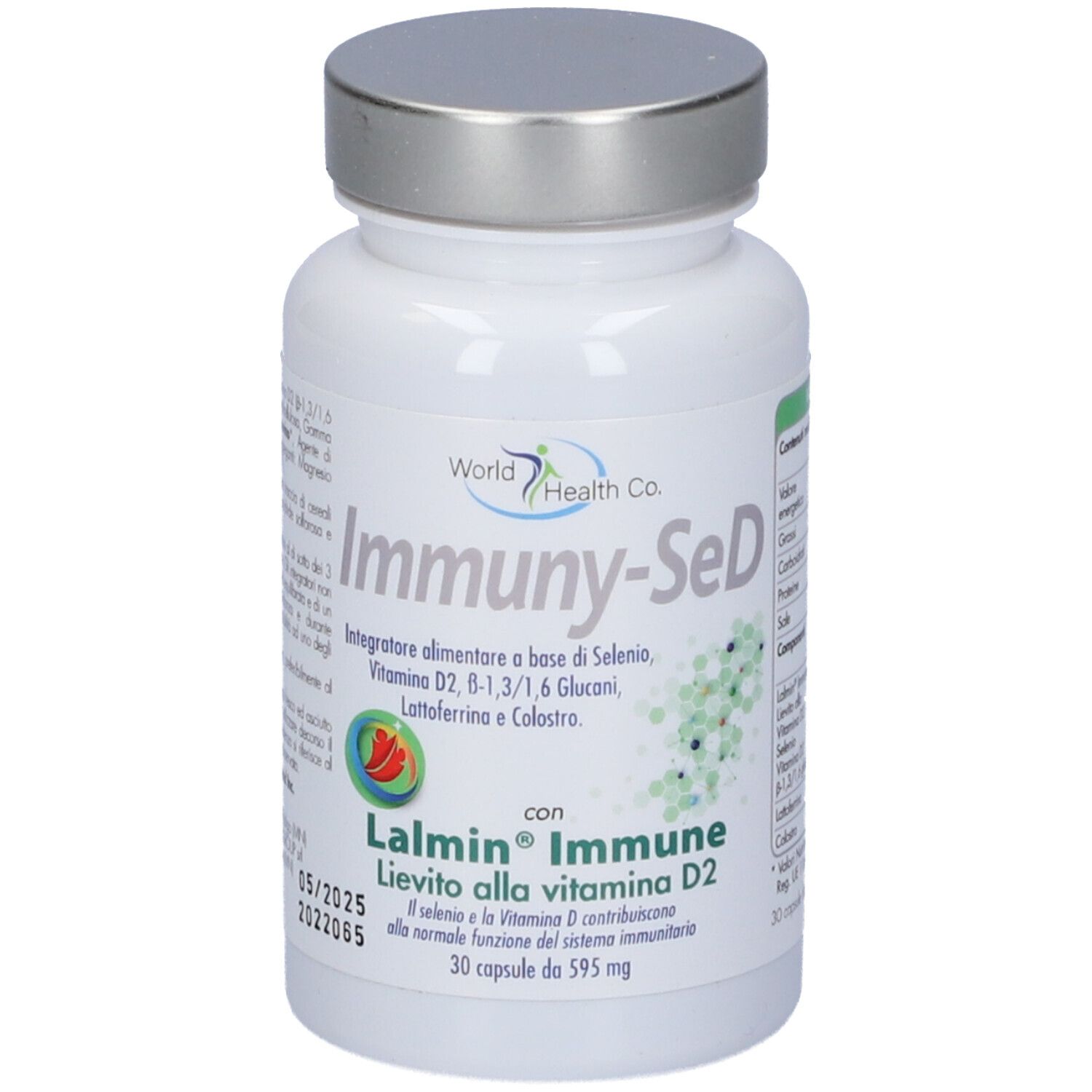 Flacone bianco 'Immuny-SeD' con tappo argentato. Contiene 30 capsule. Logo 'World Health Co'.