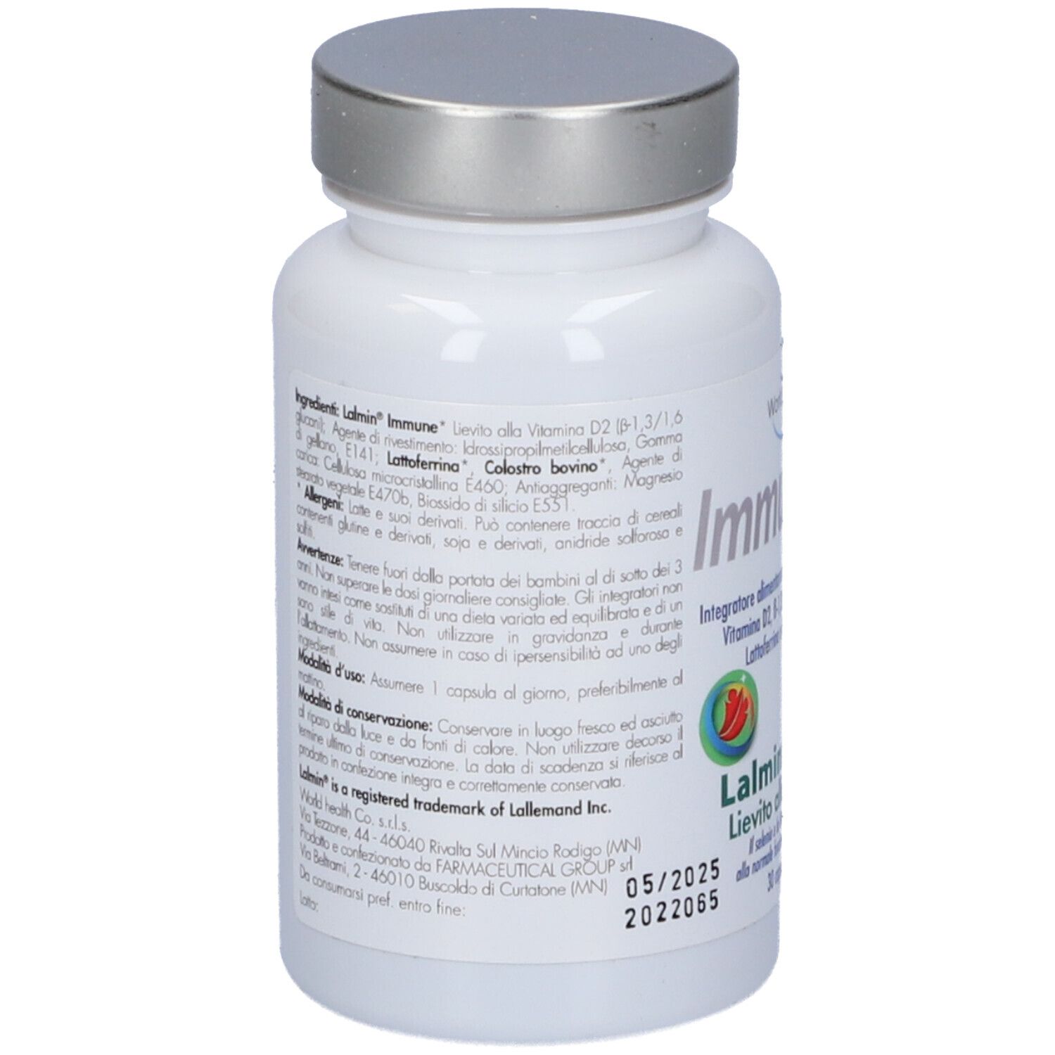 Retro del flacone bianco 'Immuny-SeD'. Contiene informazioni sugli ingredienti e avvertenze.