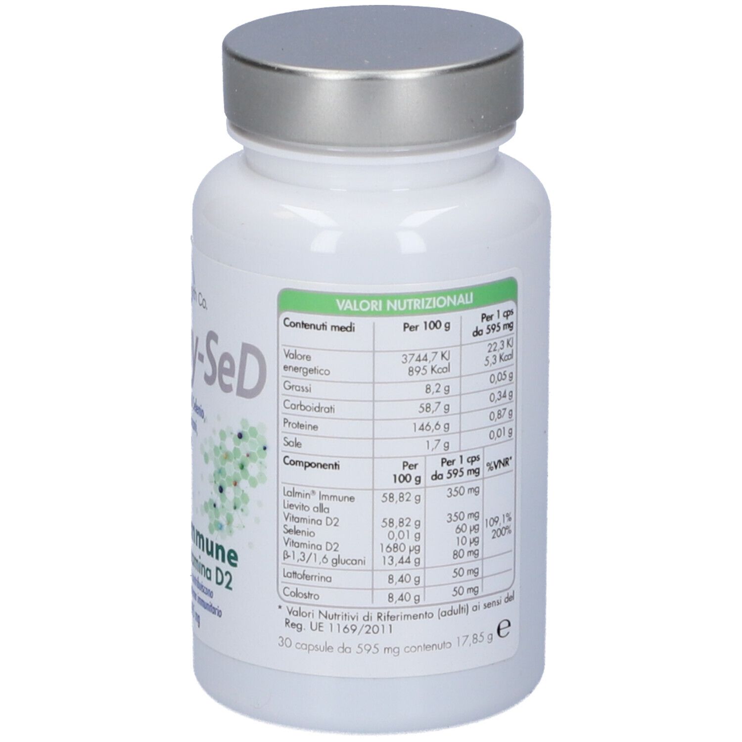 Retro del flacone bianco 'Immuny-SeD'. Contiene informazioni nutrizionali per 100g e per porzione.