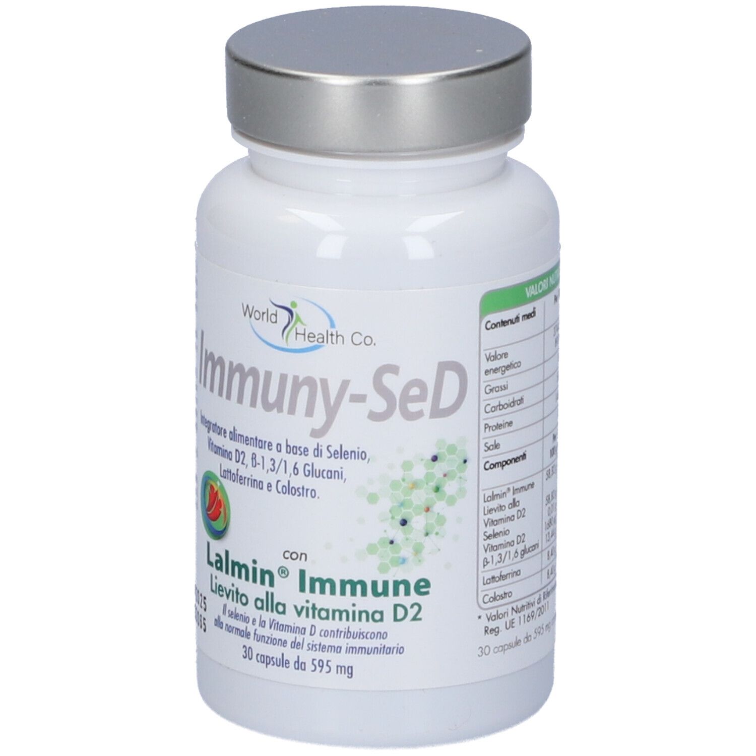 Flacone bianco 'Immuny-SeD' con tappo argentato. Contiene 30 capsule. Logo 'World Health Co'.