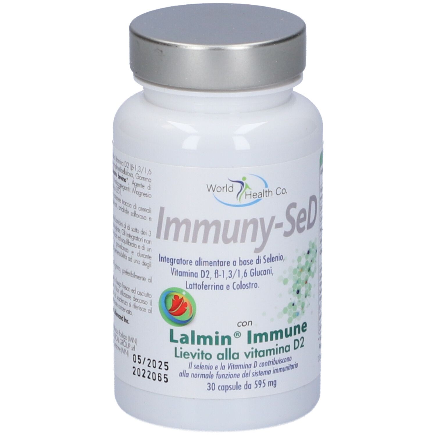 Flacone bianco 'Immuny-SeD' con tappo argentato. Contiene 30 capsule. Logo 'World Health Co'.
