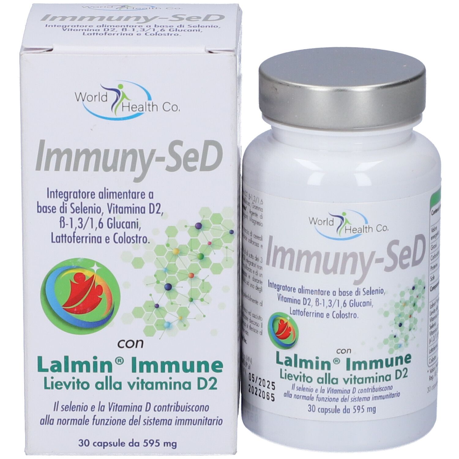 Flacone bianco 'Immuny-SeD' e scatola. Flacone: 30 capsule. Scatola: logo 'World Health Co'.