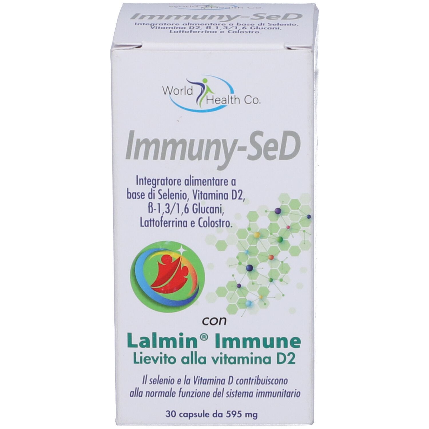 Scatola bianca 'Immuny-SeD' con logo 'World Health Co.'. Contiene 30 capsule.