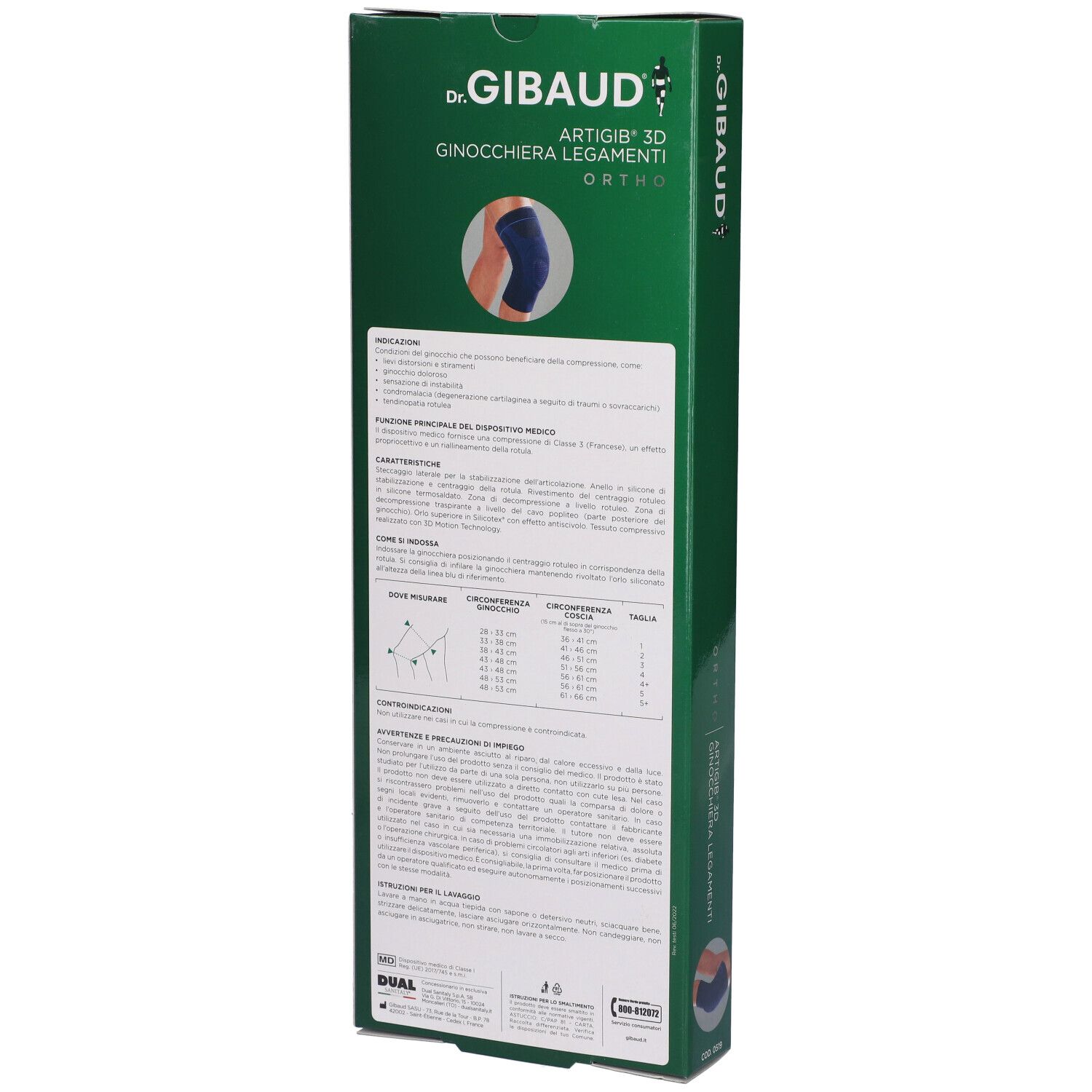 Retro della confezione verde. Testo e diagrammi. Scritte: Dr. Gibaud, Artigib 3D Ginocchiera Legamenti Ortho.