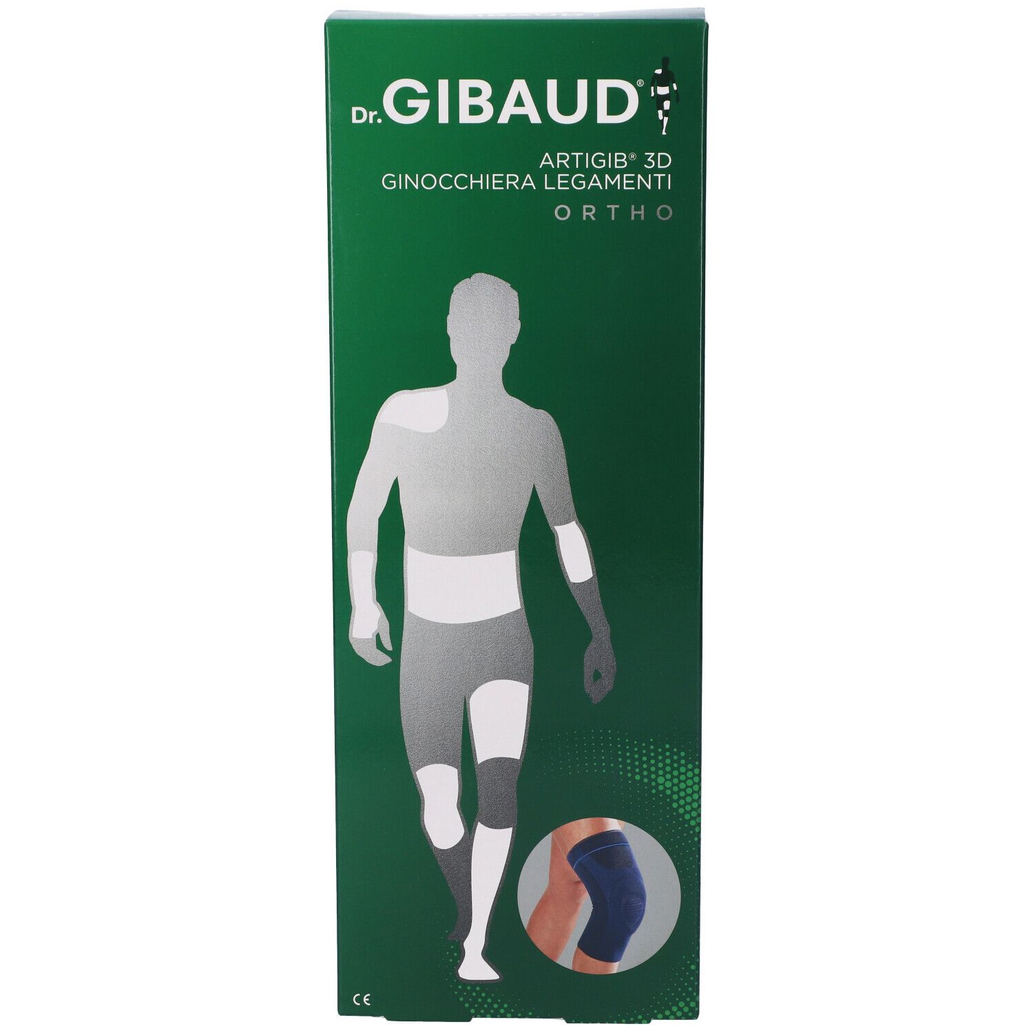 Confezione verde. Scritte: Dr. Gibaud, Artigib 3D Ginocchiera Legamenti Ortho. Immagine del ginocchio.