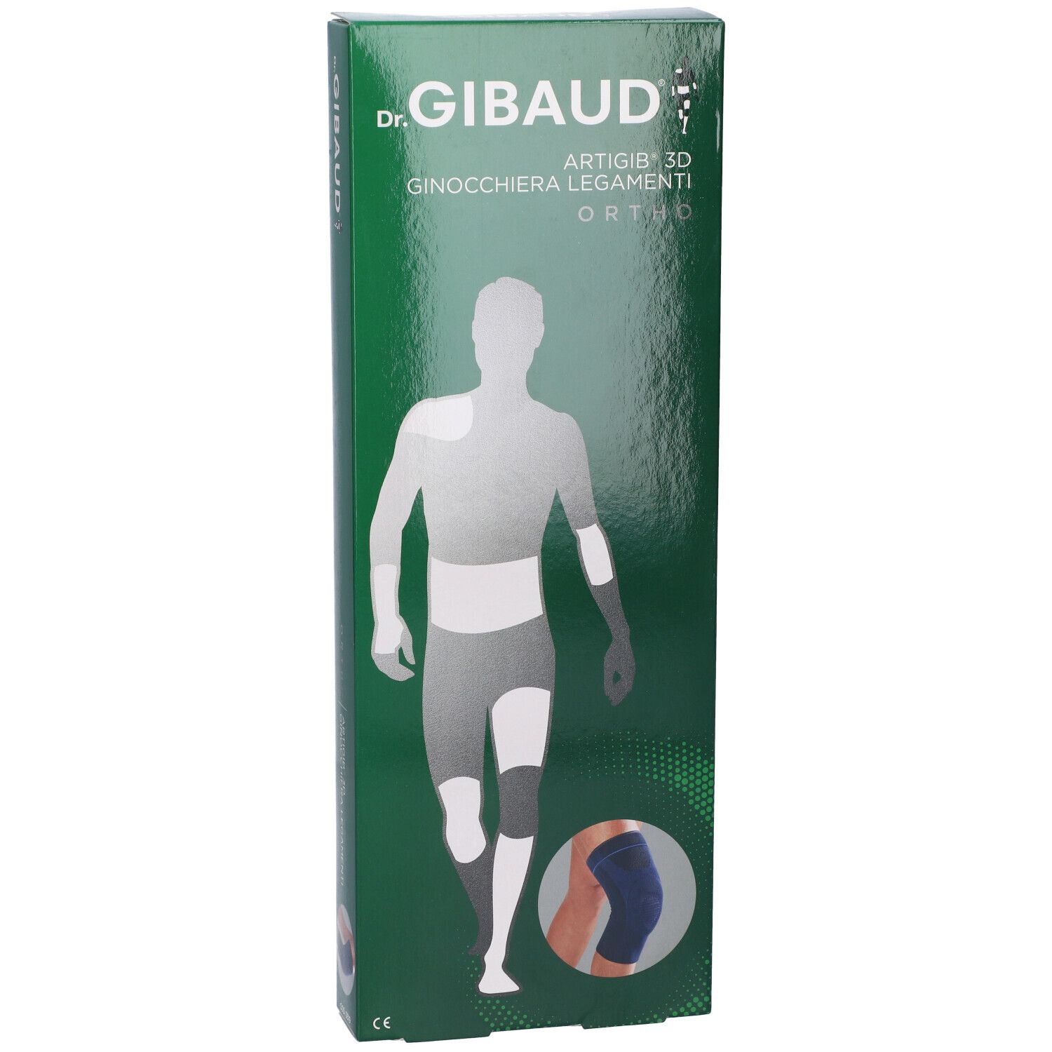 Confezione verde. Scritte: Dr. Gibaud, Artigib 3D Ginocchiera Legamenti Ortho. Immagine del ginocchio.