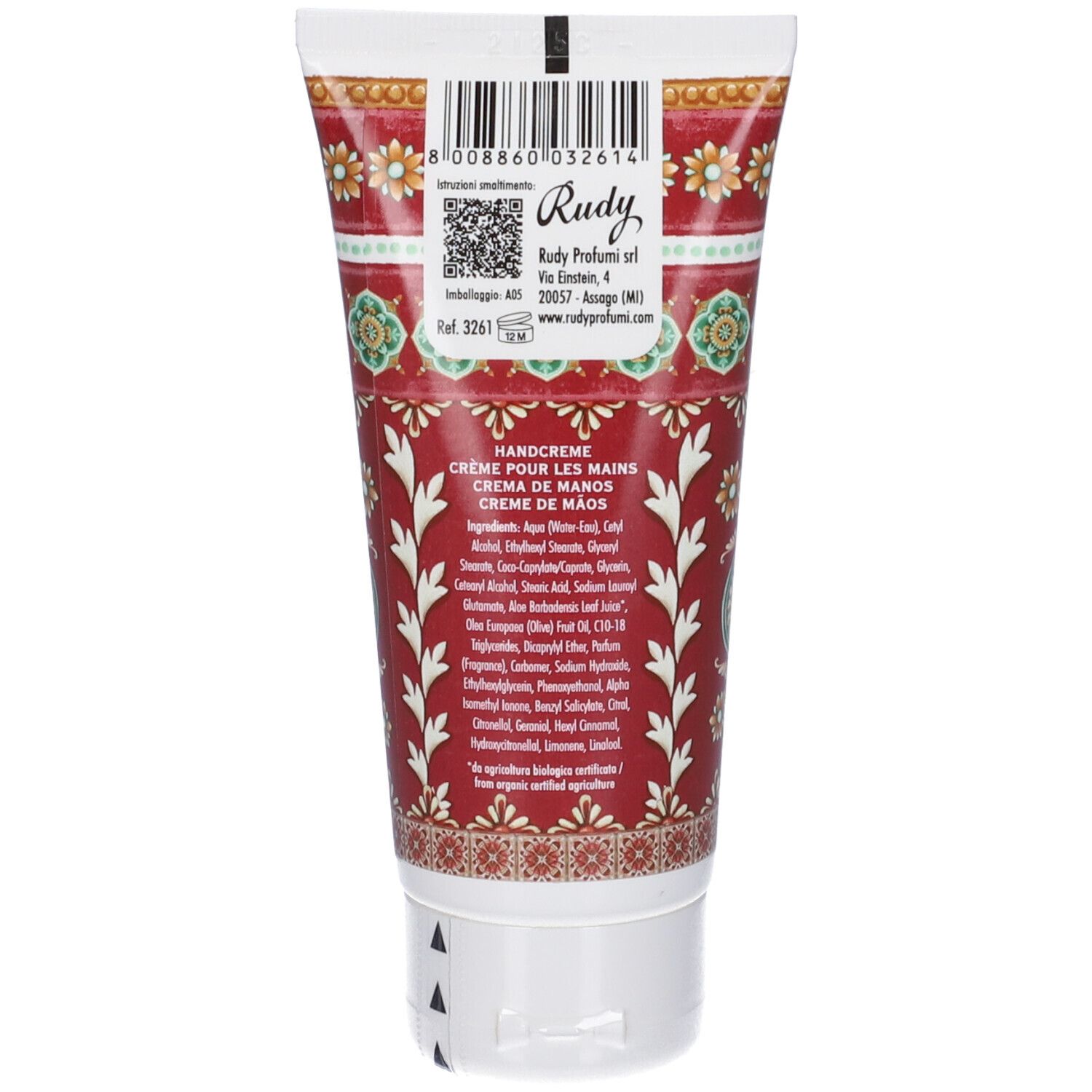 Retro di un tubo di crema mani con codice a barre, info produttore e ingredienti. Motivo rosso floreale.