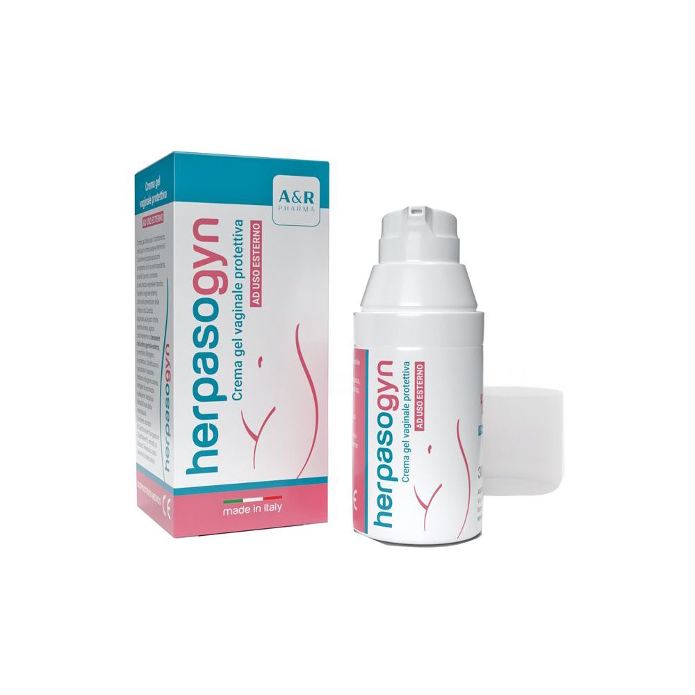 Flacone e scatola bianchi con nome e logo del prodotto. Scritta: Crema gel vaginale protettiva. Prodotto in Italia.