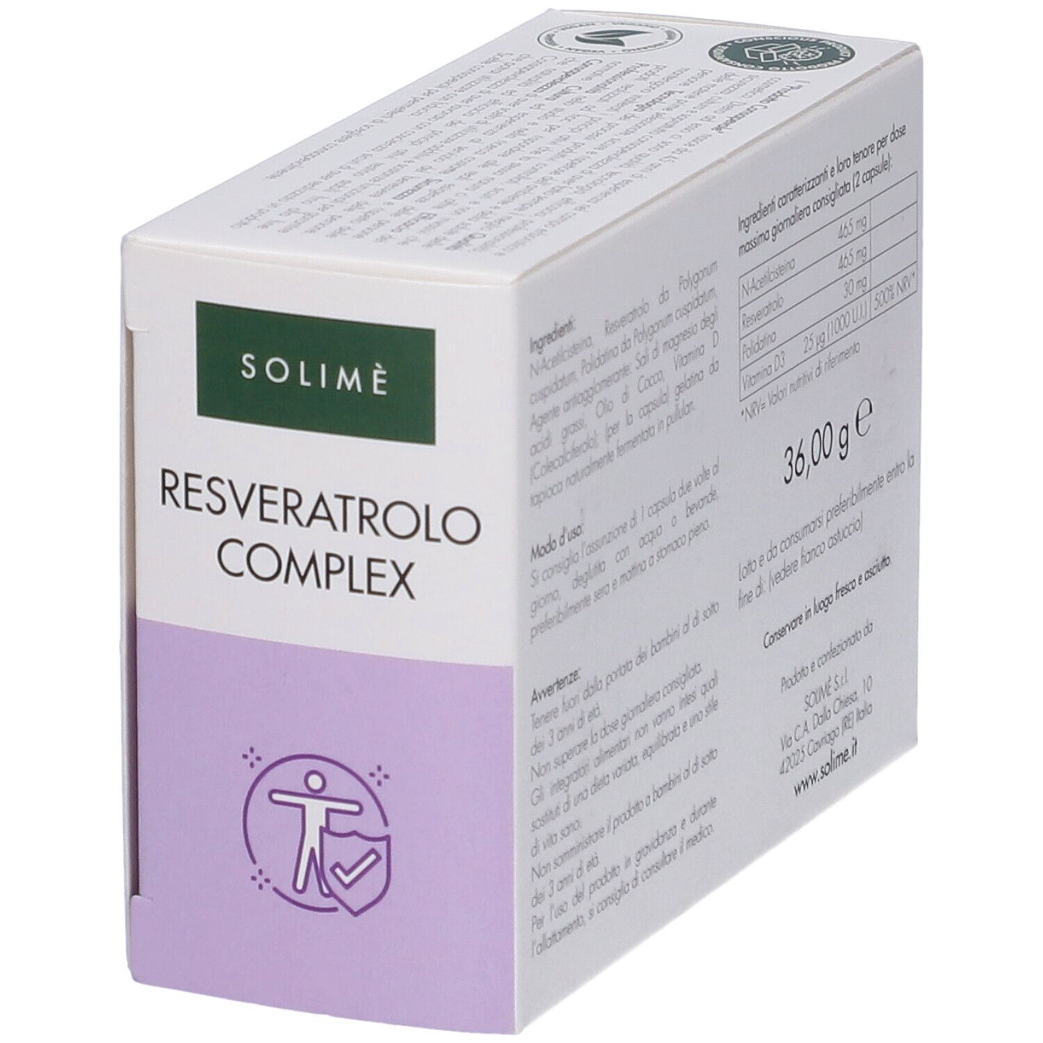 Vista obliqua della scatola bianca "Resveratrolo Complex". Logo Solimè.